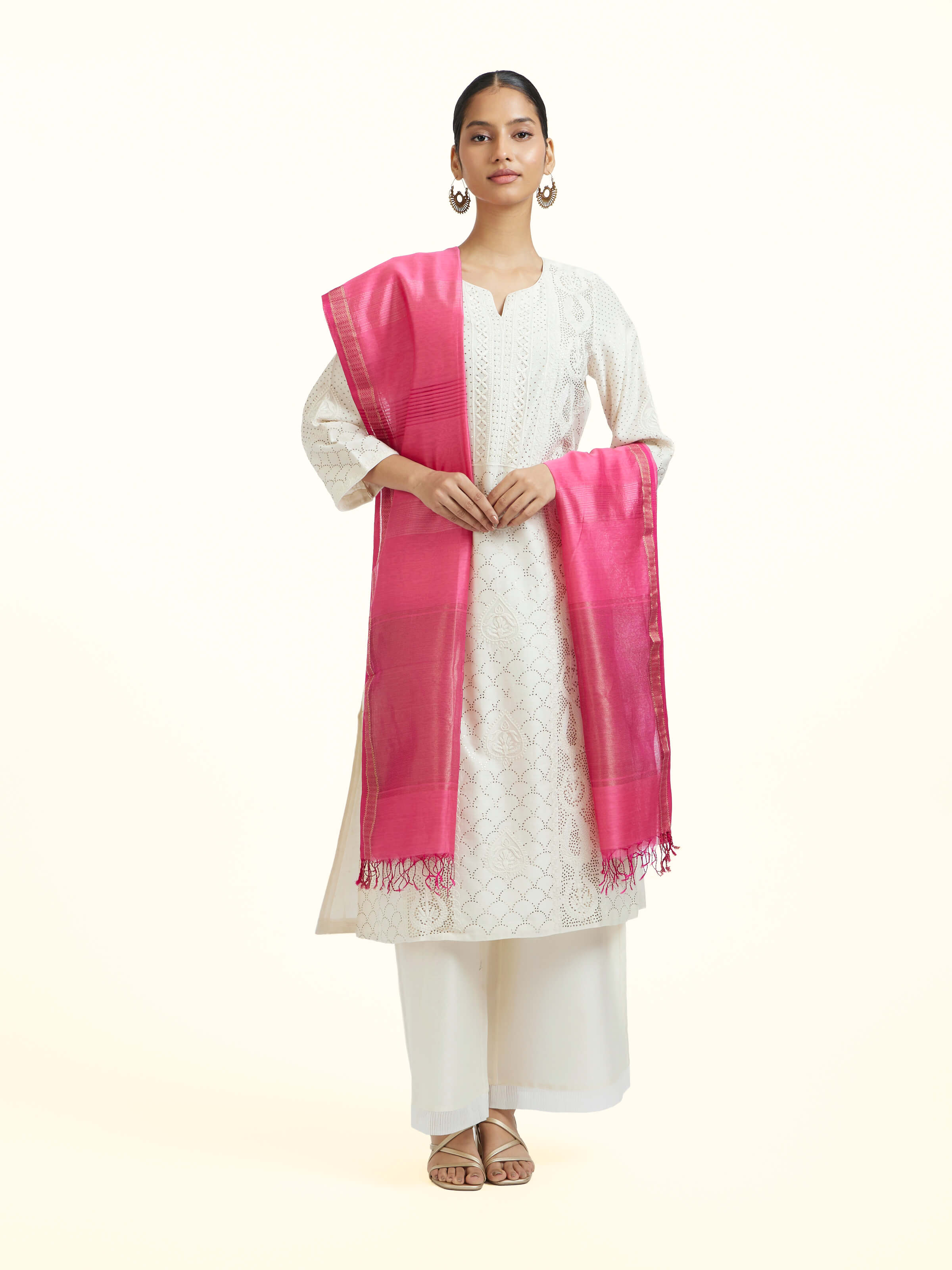 Fuschia Cotton Silk Maheshwari Zari Border Dupatta