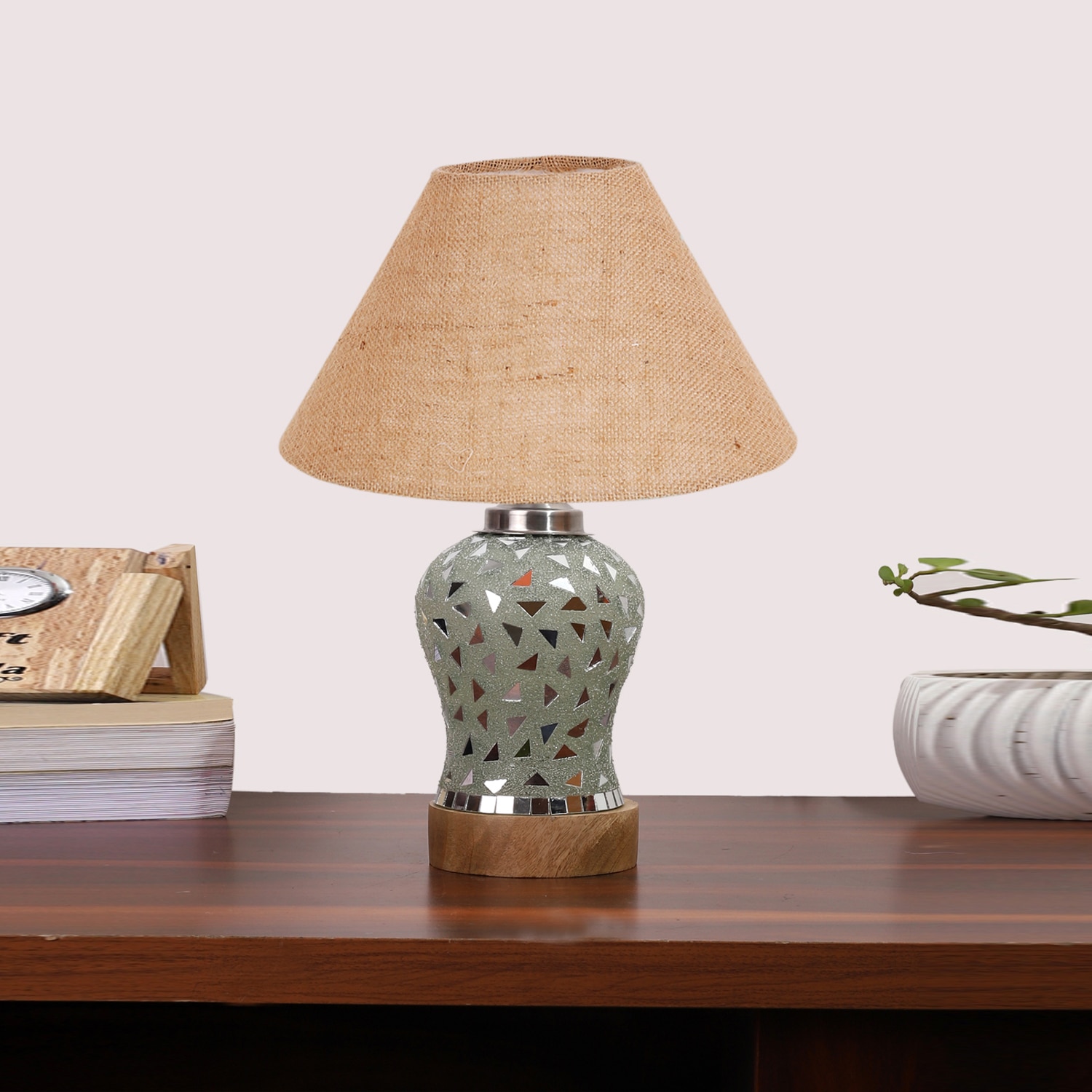 Devansh Conical Beige Jute Shade Lamp With Wood & Mosaic Glass Base For Decoration/Office/Home/Gifting/Study For Decoration/Office/Home/Gifting/Study -(10X10X14.5) Inches -A