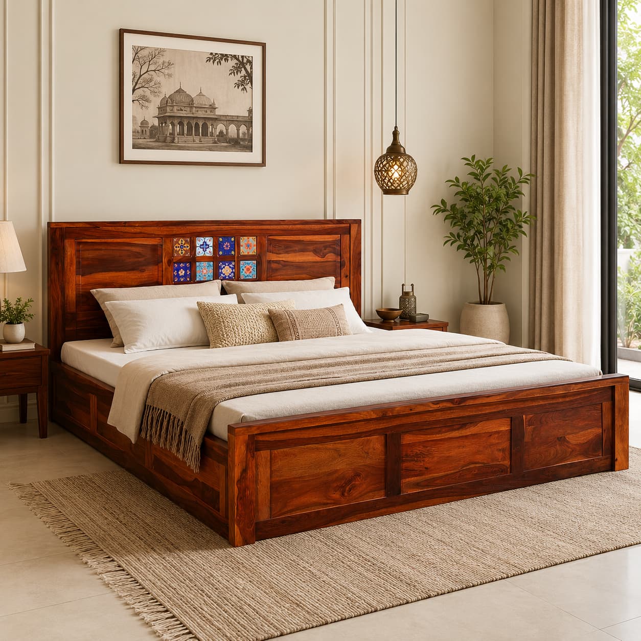 Rangrez Sheesham Wood Queen Size Bed in Honey Oak Finish with Box Storage - Woodenmood