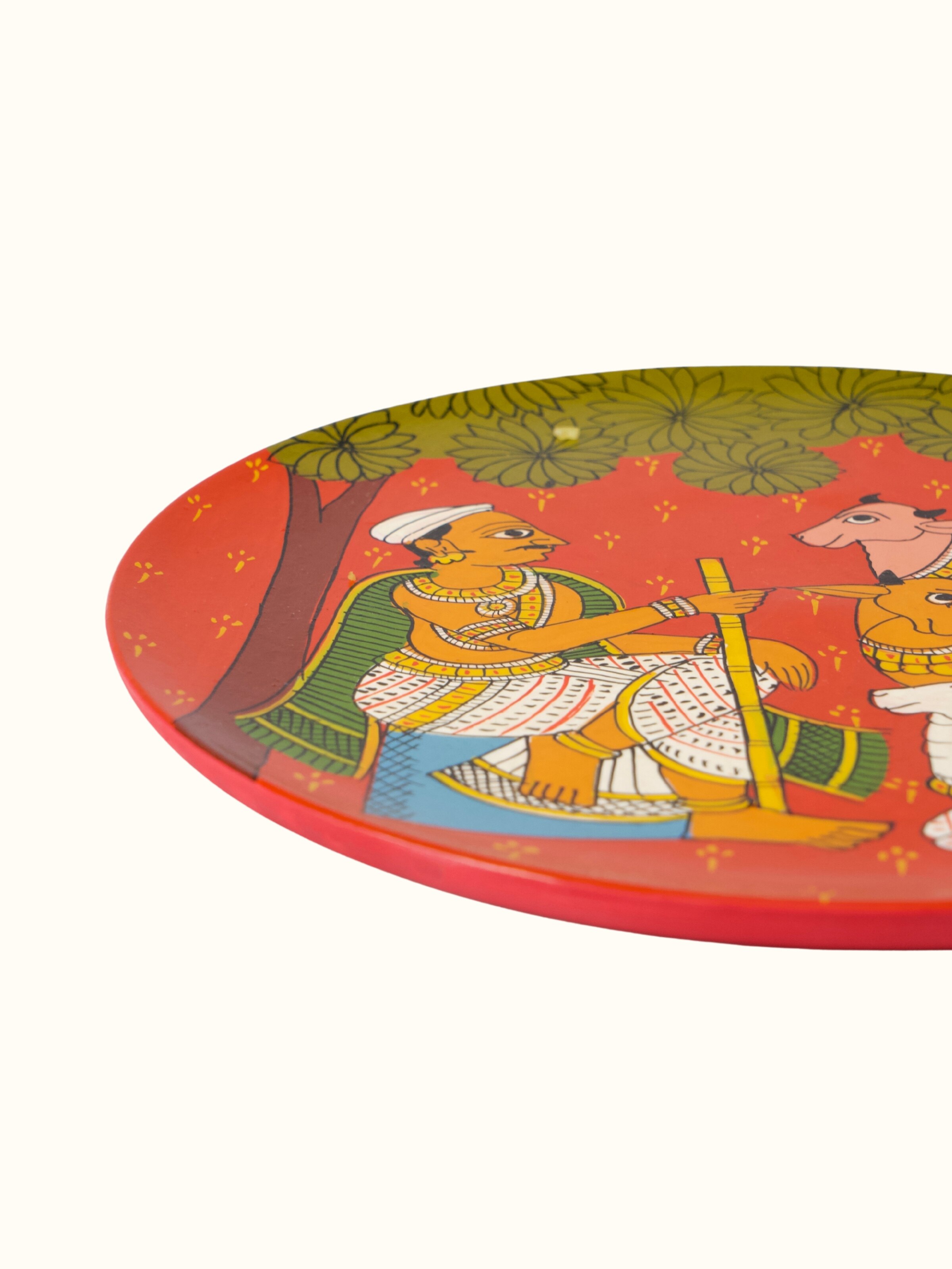 Detail view of Cheriyal Cow Handpainted Display Plate