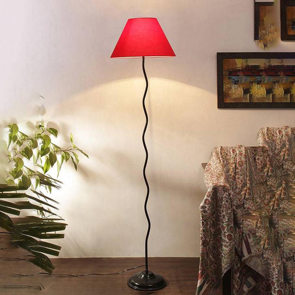Hazel Zig Zag Iron Floor lamp with Cotton Conical Red shade (Z32)