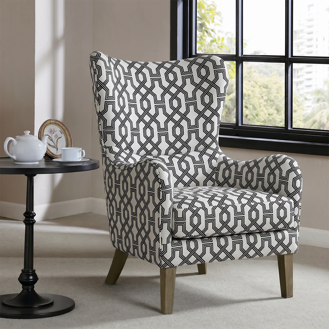 Carolina Printed Infinity Grid Fabric Wing Chair in White Colour - KURSIWALLAH