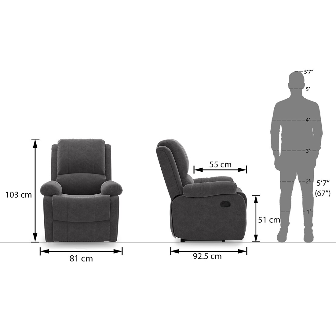 Lebowski Fabric One Seater Manual Recliner in Smoke Fabric Colour