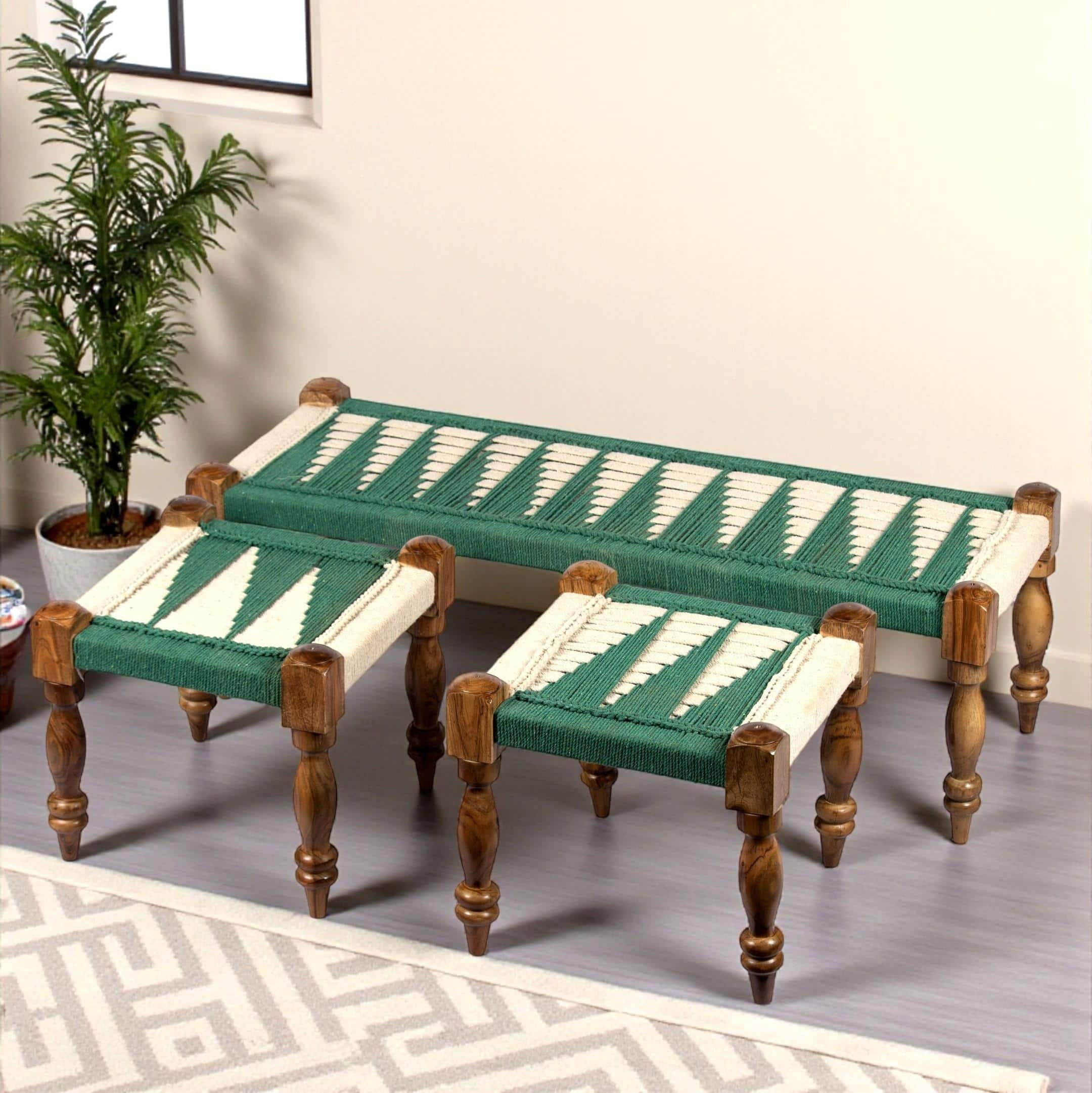 Hamilton Sheesham Wood Maachi Bench Set With 2 Stools In Green & White Rope Canning