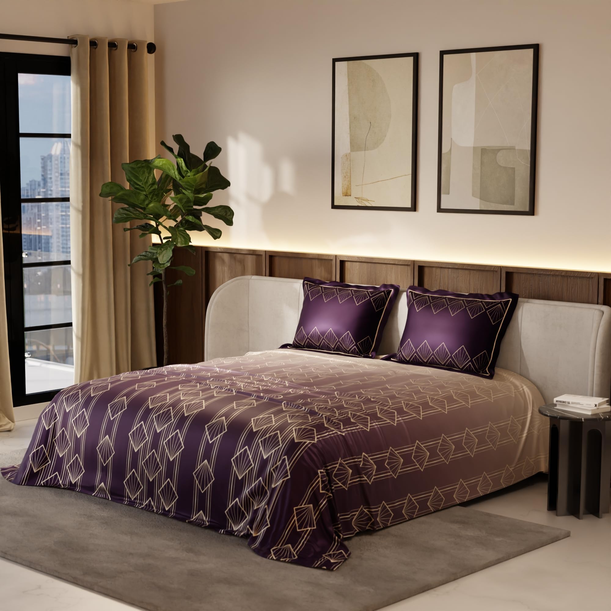 Stoa Paris Satin King Size Bedsheet with 2 Pillow Covers  Size Plum Radiance - Stoa Paris