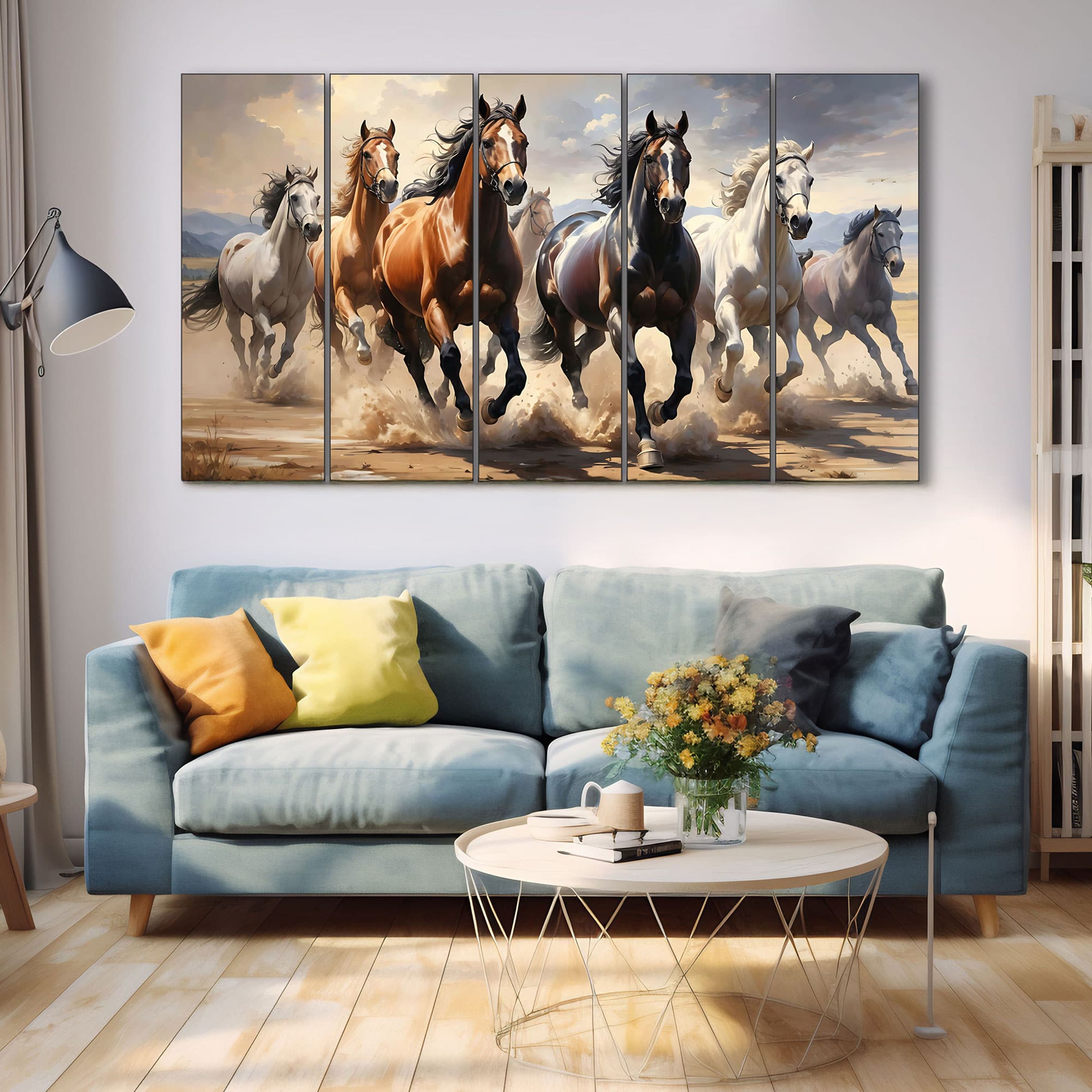 The Castle Decor 7 Running Horses Vastu Wall Art Framed Painting 27x48 Inch (Style 7) - The Castle Decor