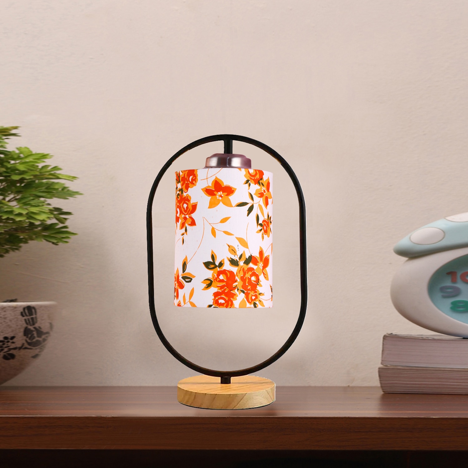 Devansh Printed Cotton Drum Wooden & Iron Table Lamp -17 Inch Height -0