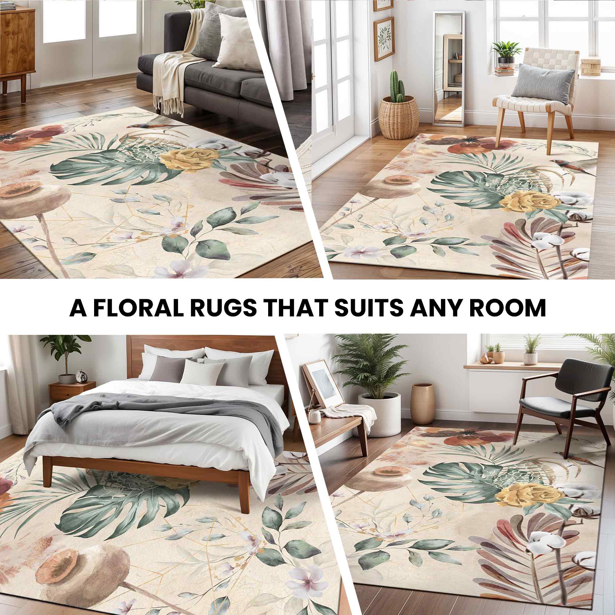 Botanical Print Cotton Rug 5x8 Ft