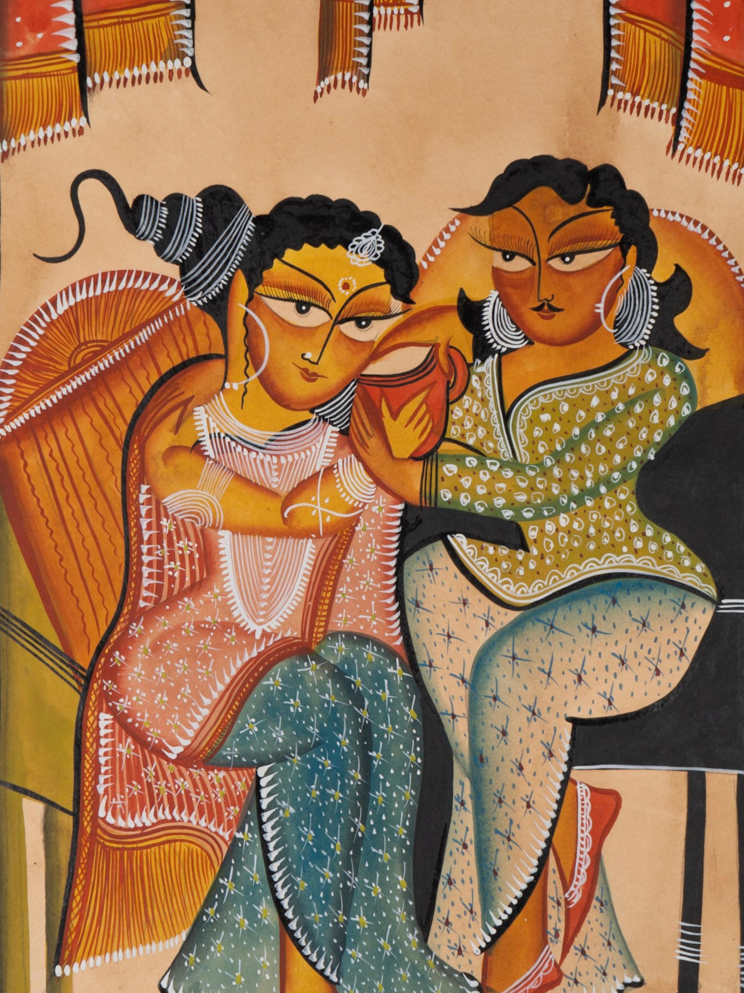 Detail shot of babu bibi kalighat painting showing hand painted details