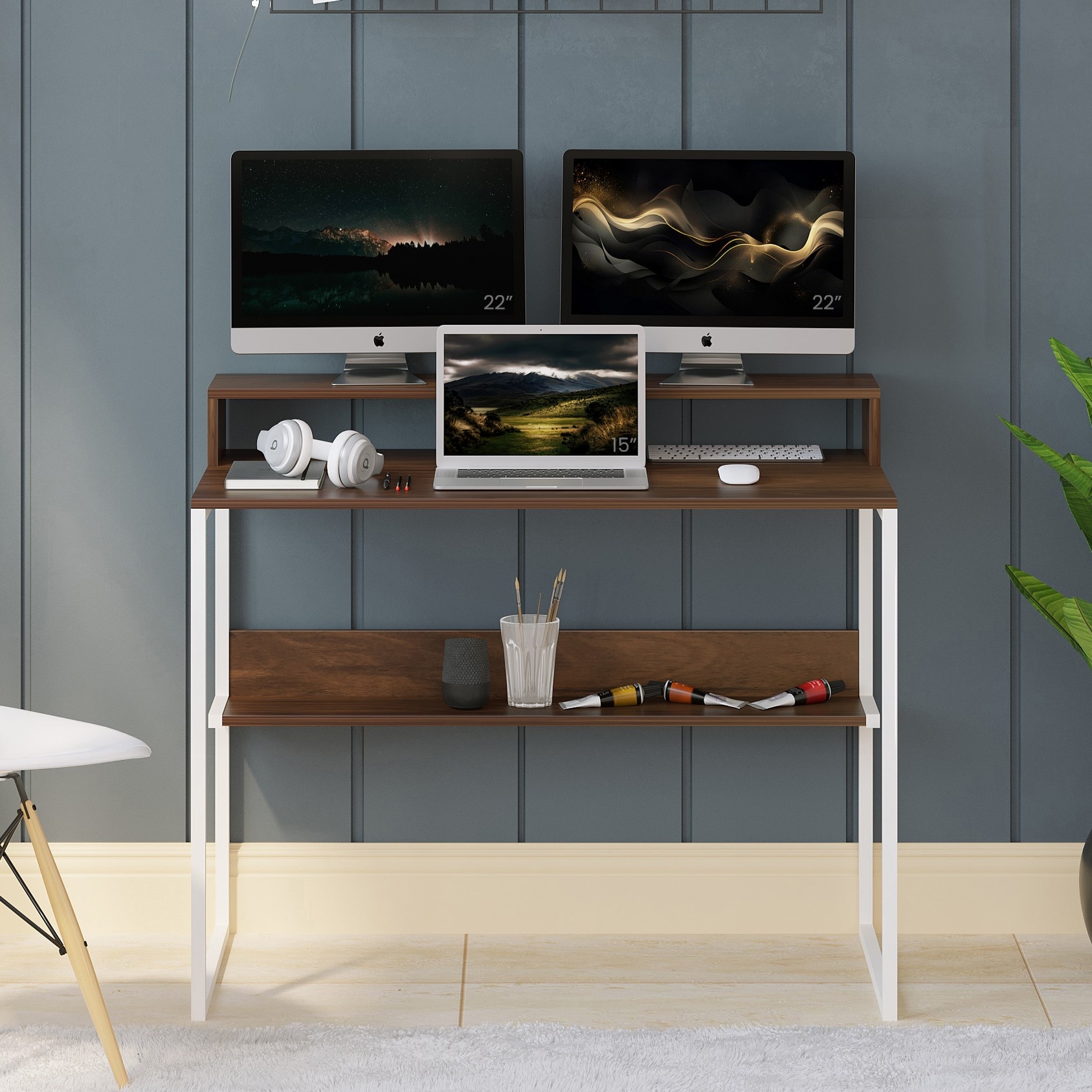 BLUEWUD Corbyn Plus Study & Laptop Table with Built-in Monitor Stand � WFH Desk for Home/Office, Trading & Gaming, DIY Assembly, Storage Shelves for Books (Brown Maple & White)