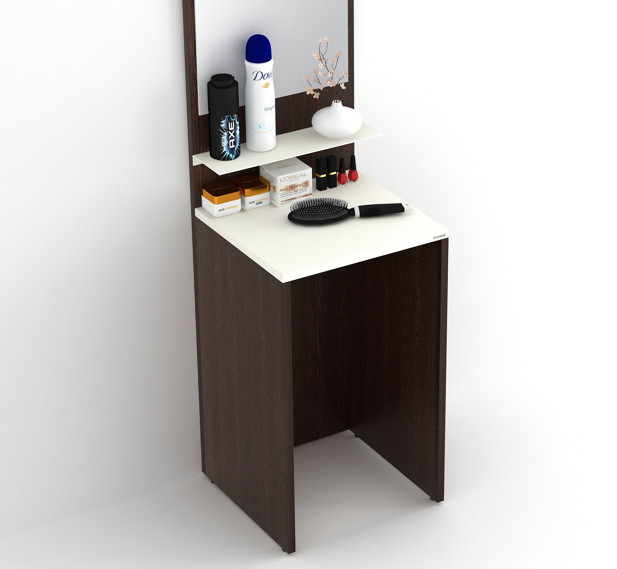 BLUEWUD Alesti Engineered Wood Slim Dressing Table Full Length Rectangular Wall Mount Mirror With Utility Shelf (Wenge & White)