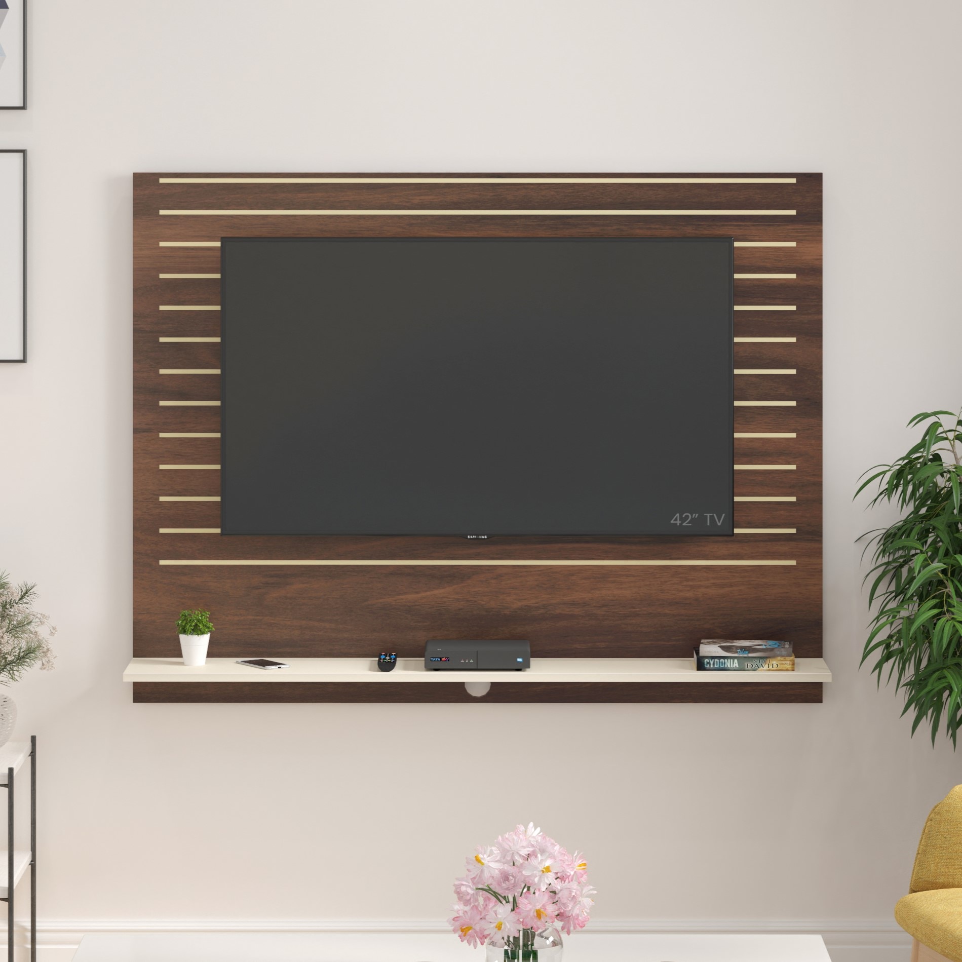 BLUEWUD Reyloye Standard Engineering Wood Wall Mount TV Entertainment Unit Set Top Box Stand/TV Cabinet Panel with Shelves for Books & D�cor Display Unit Bed Living Room Upto 50" (Brown Maple & Beige)