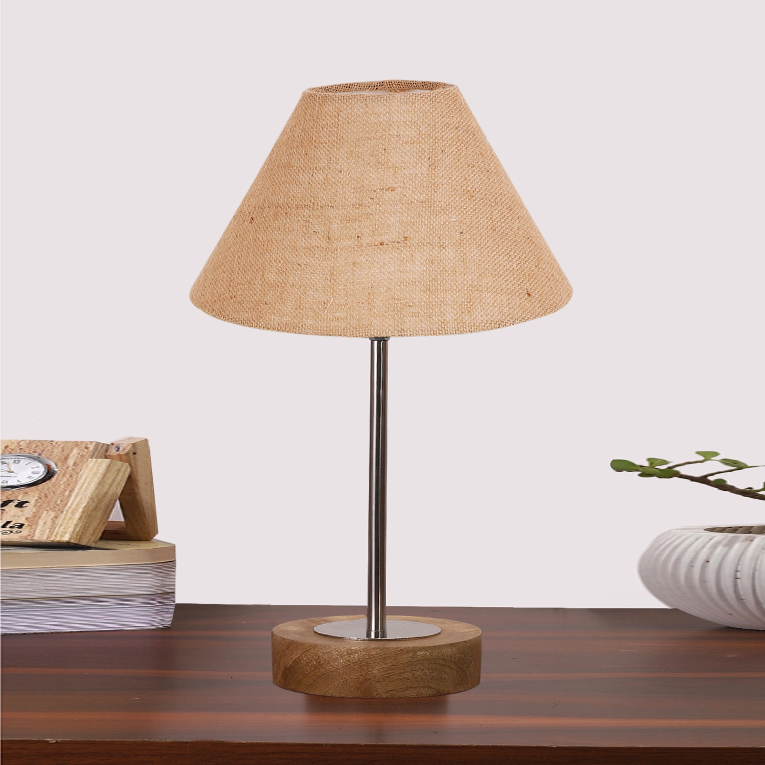 Devansh Beige Jute Table Lamp With  Natural  Wood Base  & Steel Pipe  & Steel Pipe (10X16.25 Inches)-34