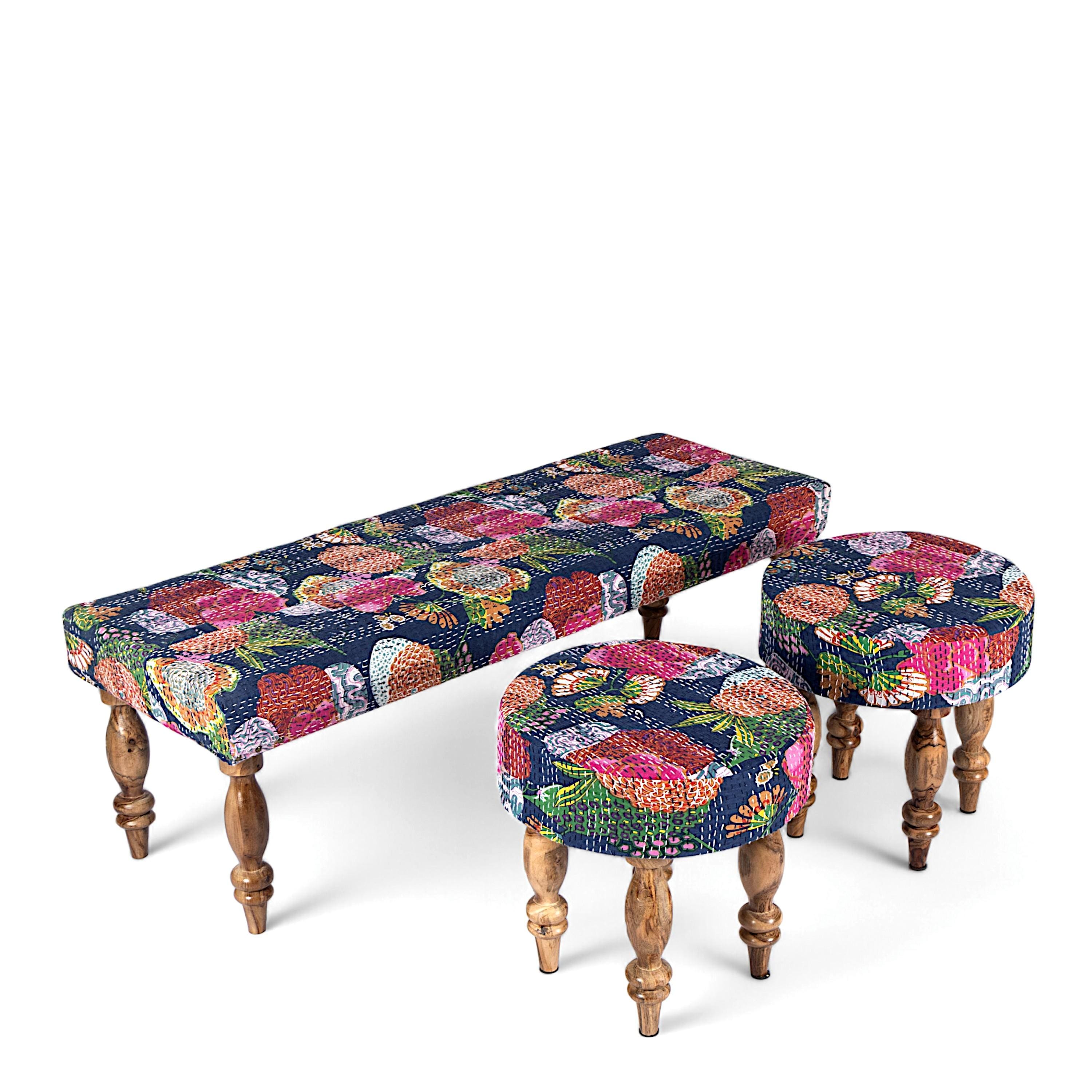 Cairo Sheesham Wood Mid Century Seater Bench Set  2 Stools In Fruit Print Blue Kantha