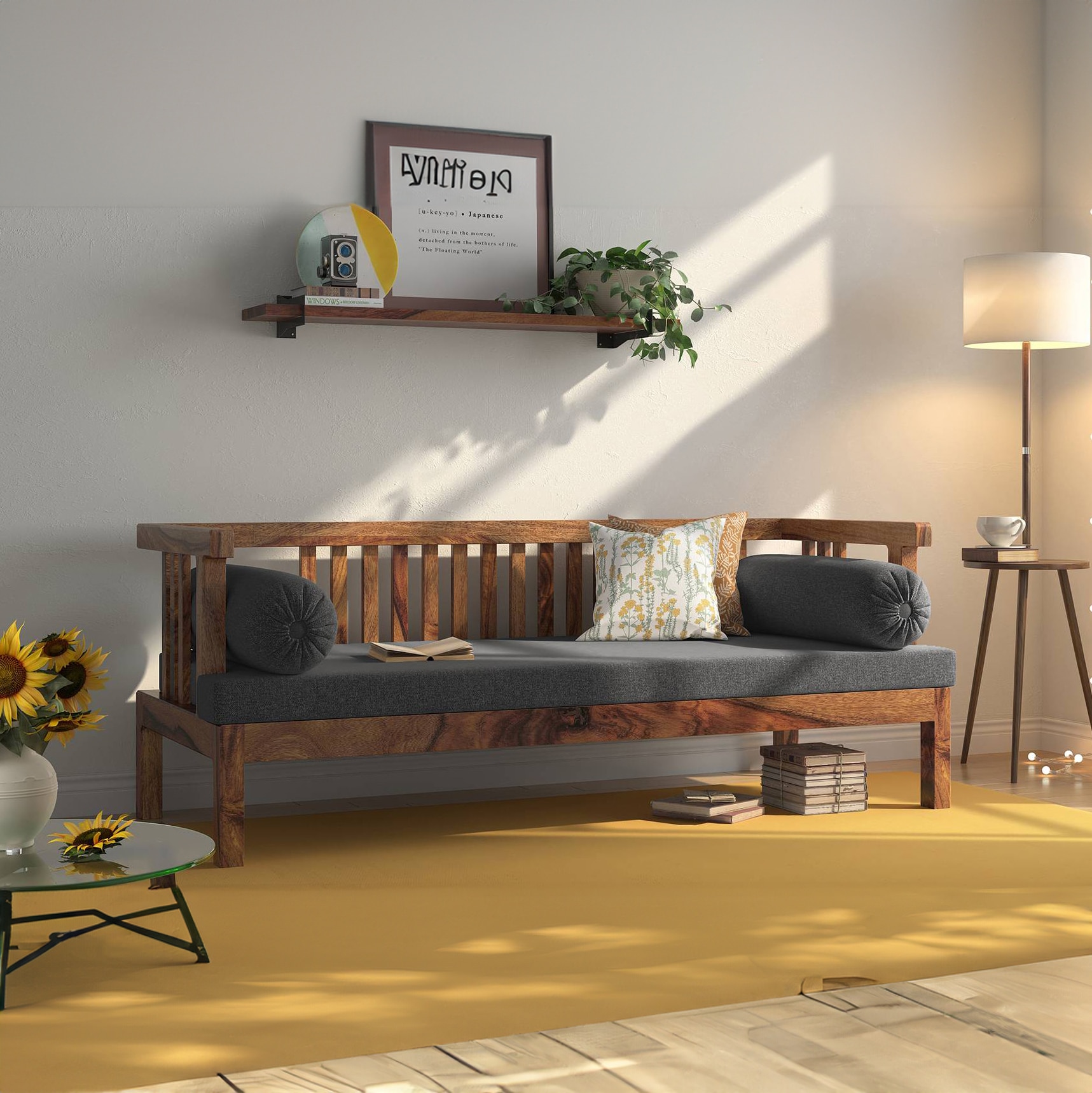 Milton Diwan in Teak Finish with Grey Fabric Colour