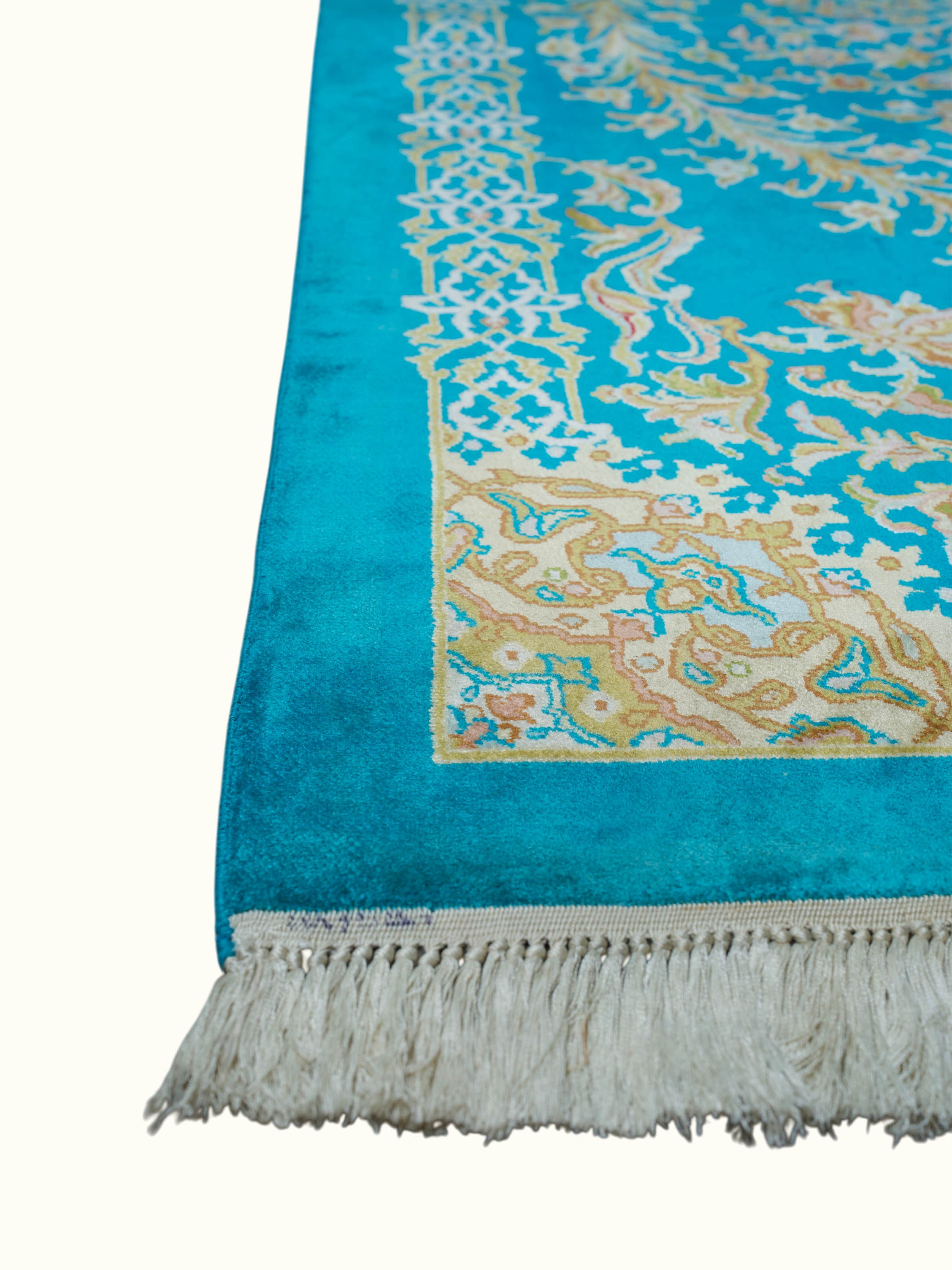 Traditional Persian Turquoise Guldani Kashmir Silk Hand-Knotted Carpet