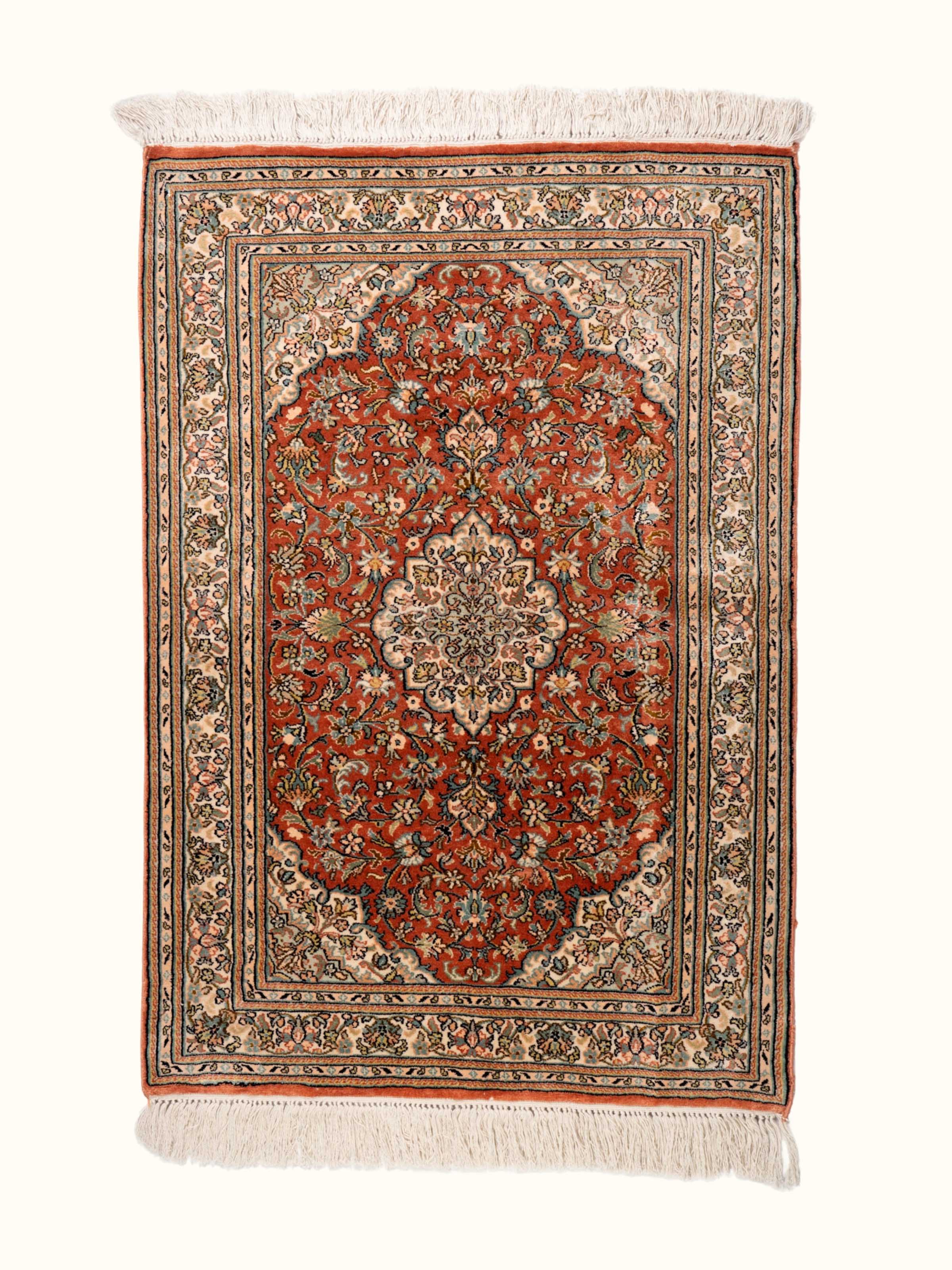 Traditional Kashan Kashmir Silk Hand-Knotted Carpet