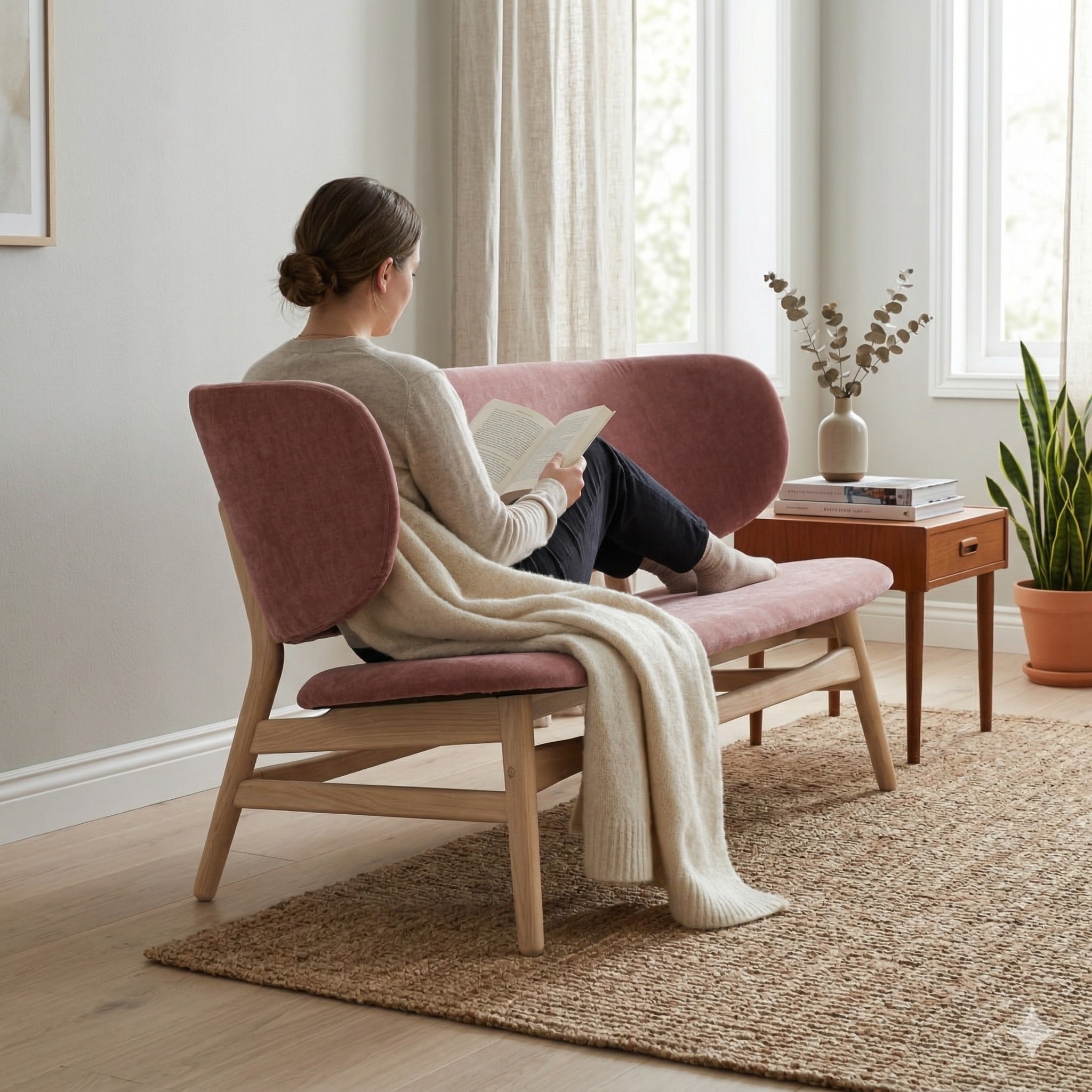 Scandinavian Polara Two Seater Lounge Chair Pink Natural Wood Finish - Nestnordic