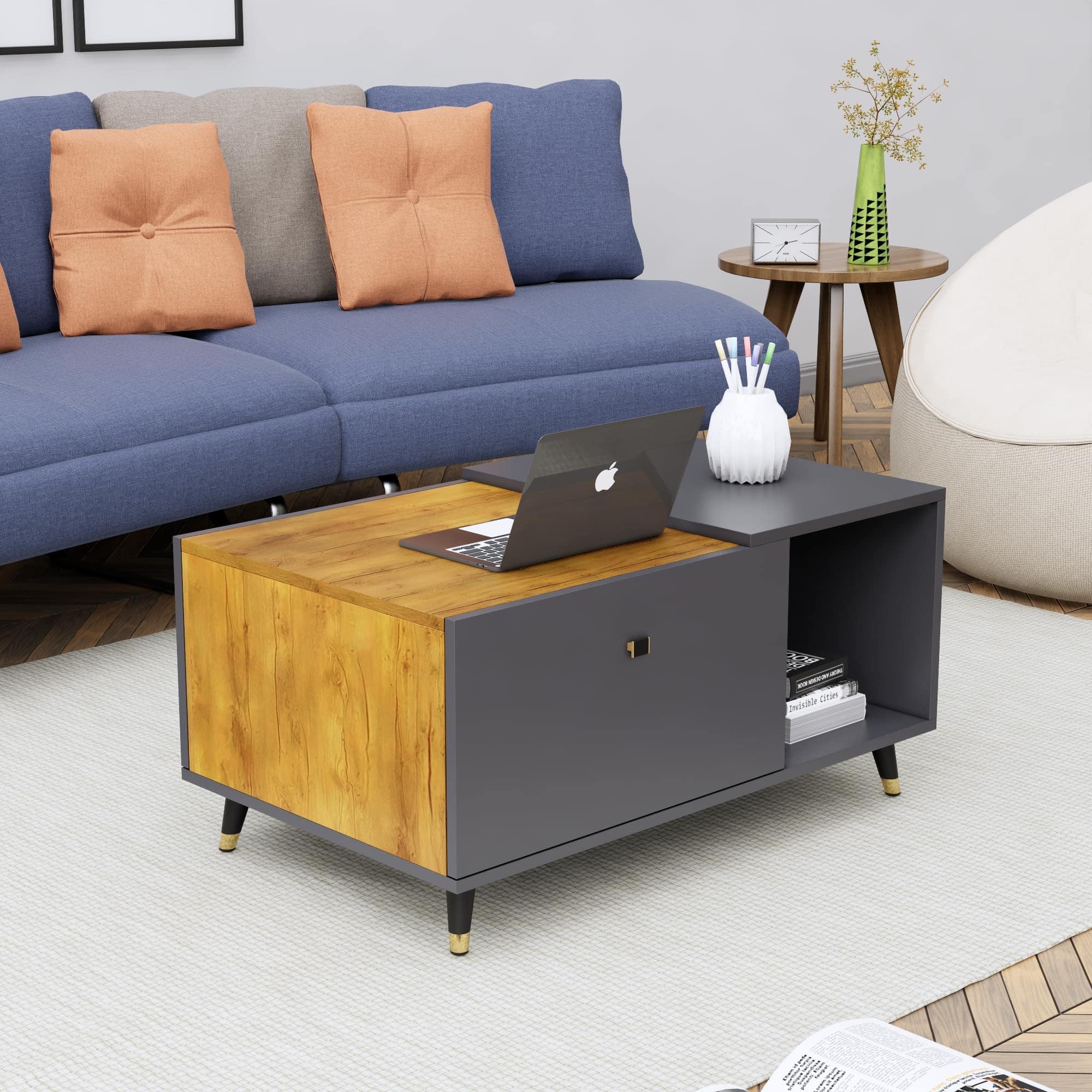 Hexa Engineered Wood Center Table With Storage And Open Rack In Slate Grey And Giant Wood - HexaRed