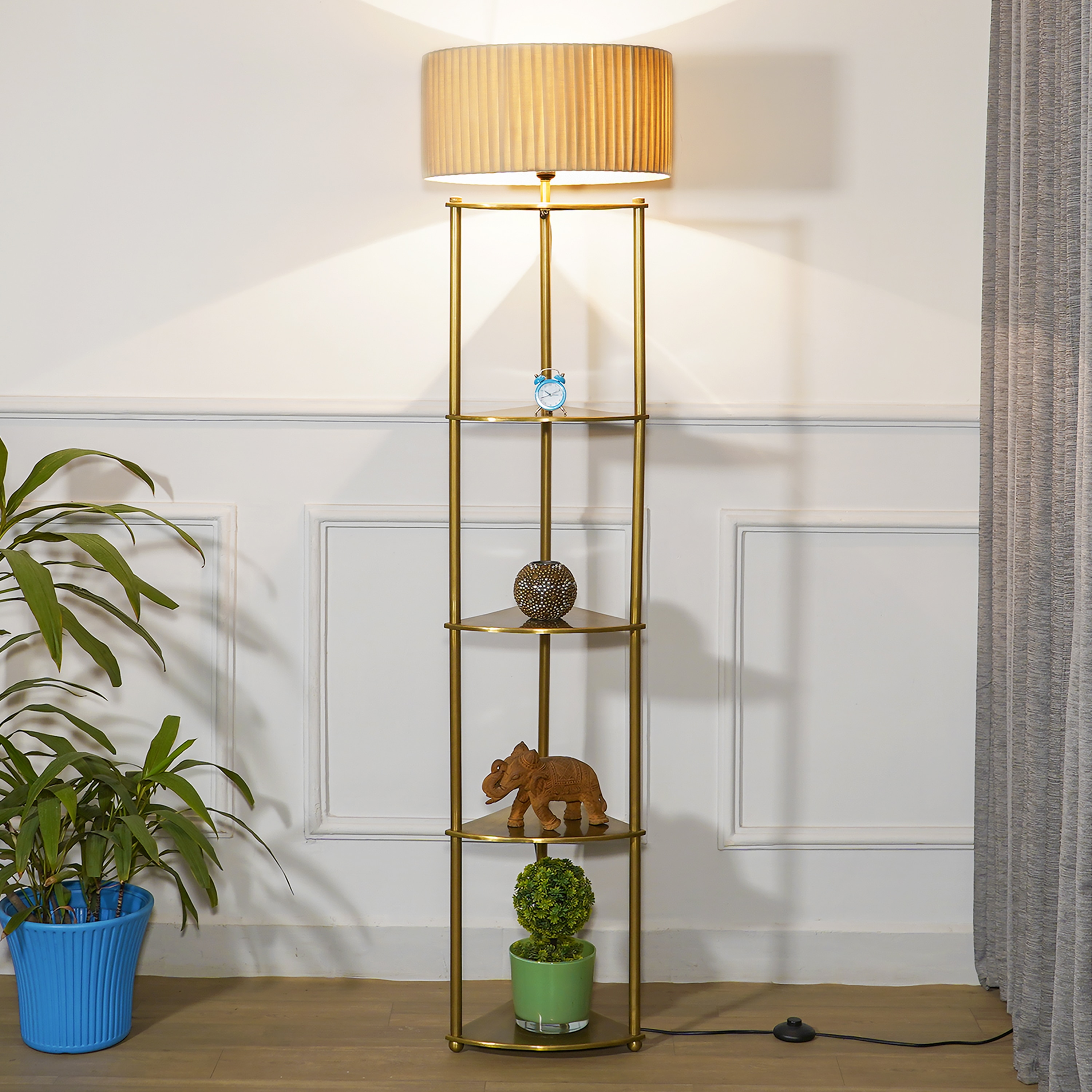 Devan Metal Multiutility Shelf Floor Lamp With Off White Cotton Shade - Kapoor Lamp Shades