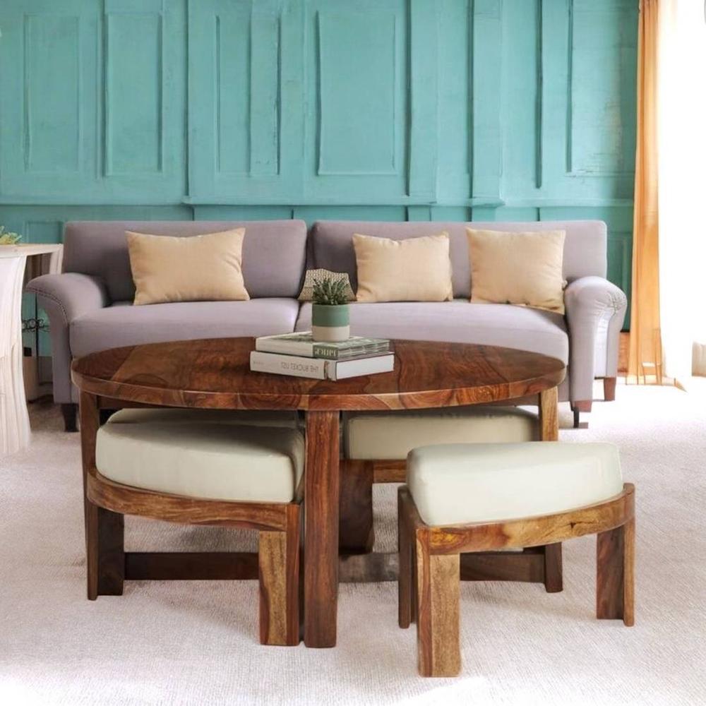 Nashville Sheesham Wood Accent Coffee Table Set With 4 Stools In Natural Teak Finish