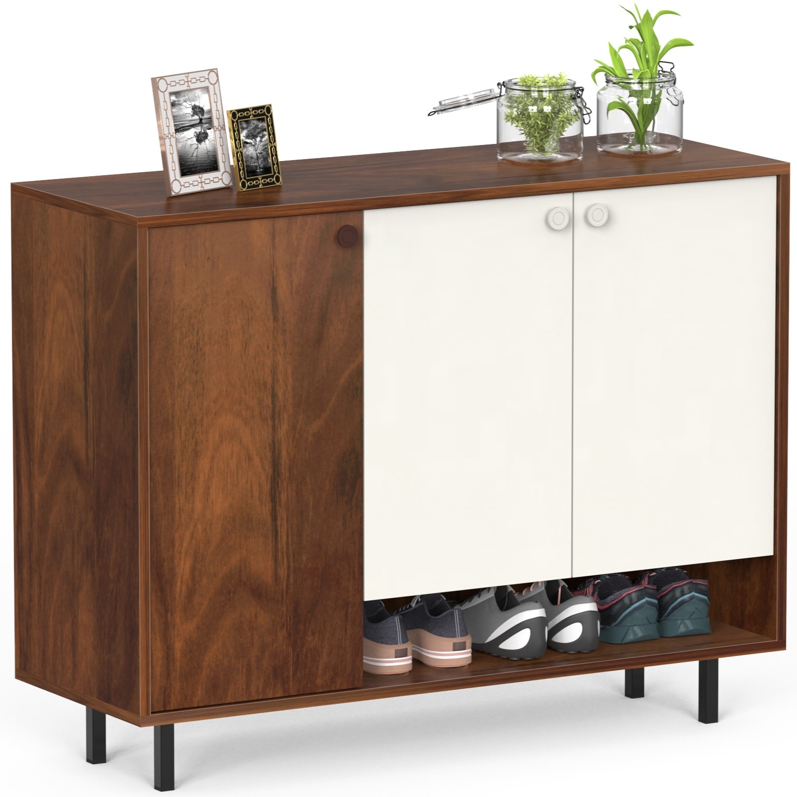 BLUEWUD Prorage Engineered Wood Dual Tone 3 Doors Shoe Rack Cabinet Slipper Footwear Stand Organizer with Additional Open Shelve, Up to 16 Pairs for Living Room Hallway Home (Brown Maple & White)