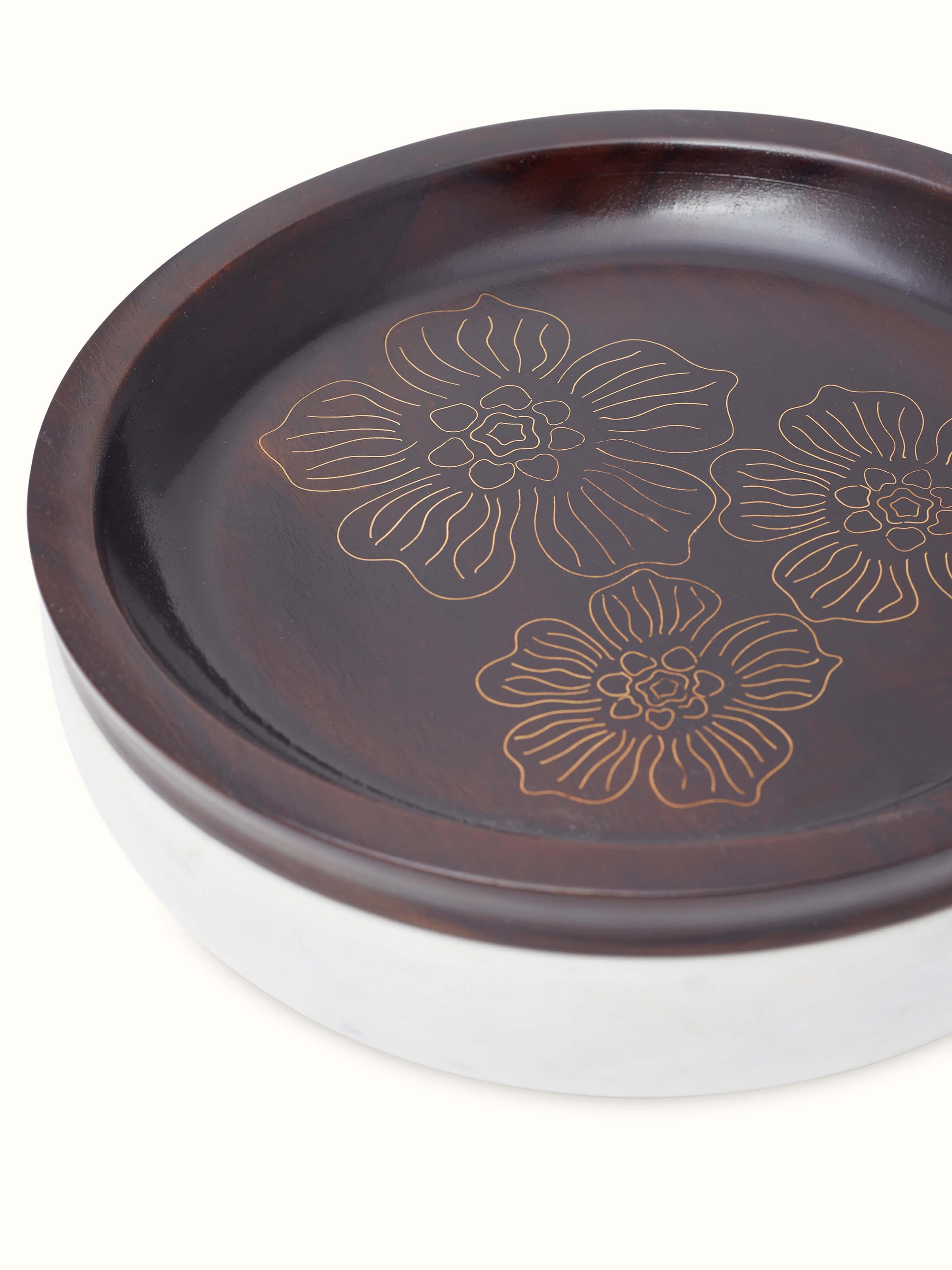 Detailed view of Tarkashi sheesham wood, marble & brass decorative container, highlighting the craftsmanship.