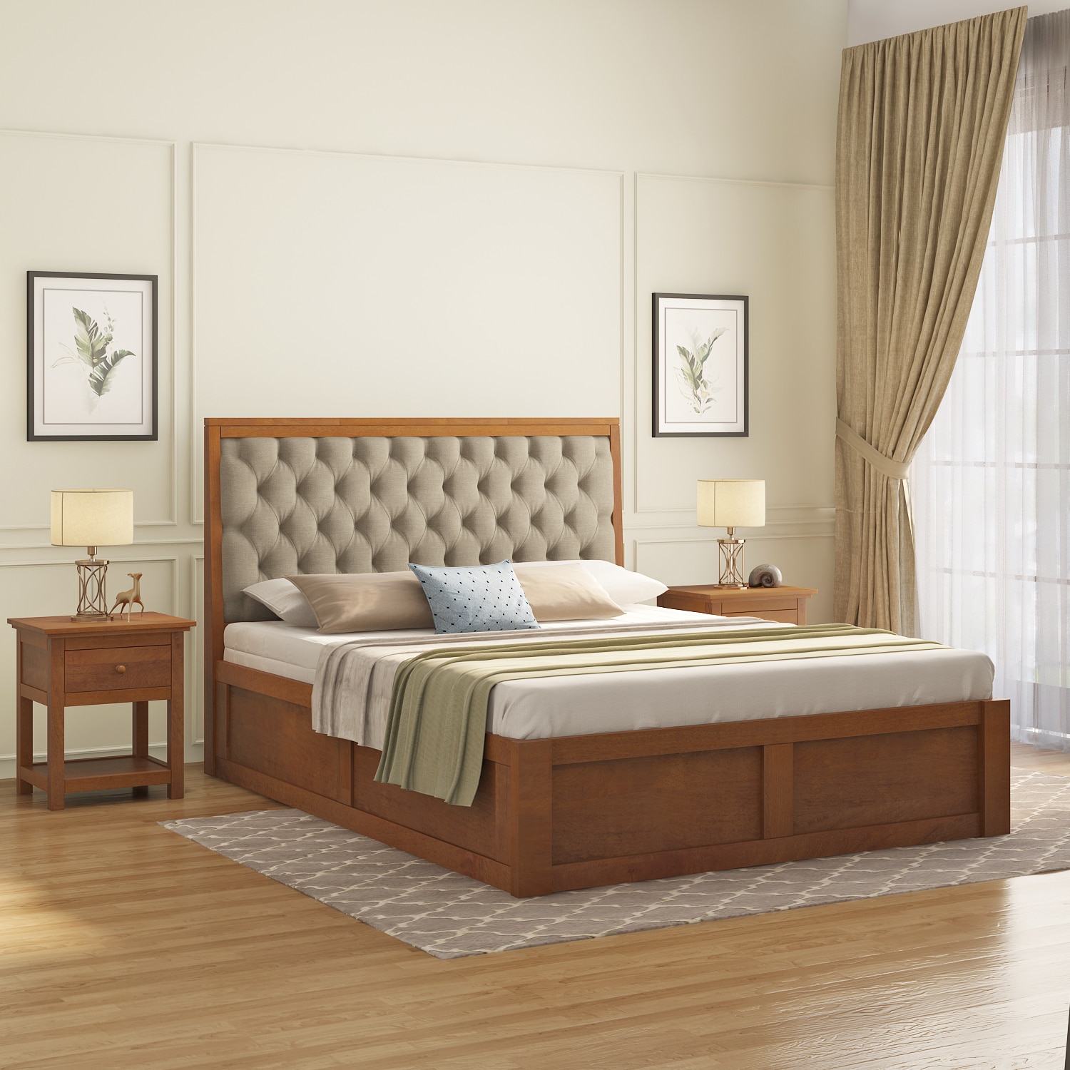 Avon Solid Wood Storage Bed Queen Size in Amber Walnut Finish with Oyster Beige Colour
