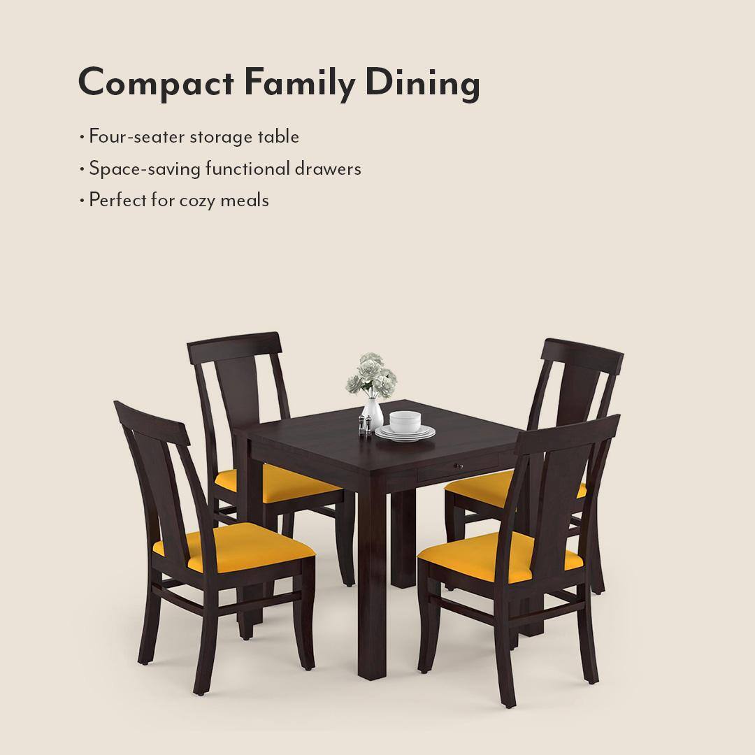 Arabia-Fabio 4 Seater Dining Table With Set Of 4 Chairs (Colour- Matty Yellow, Finish- Mahogany)