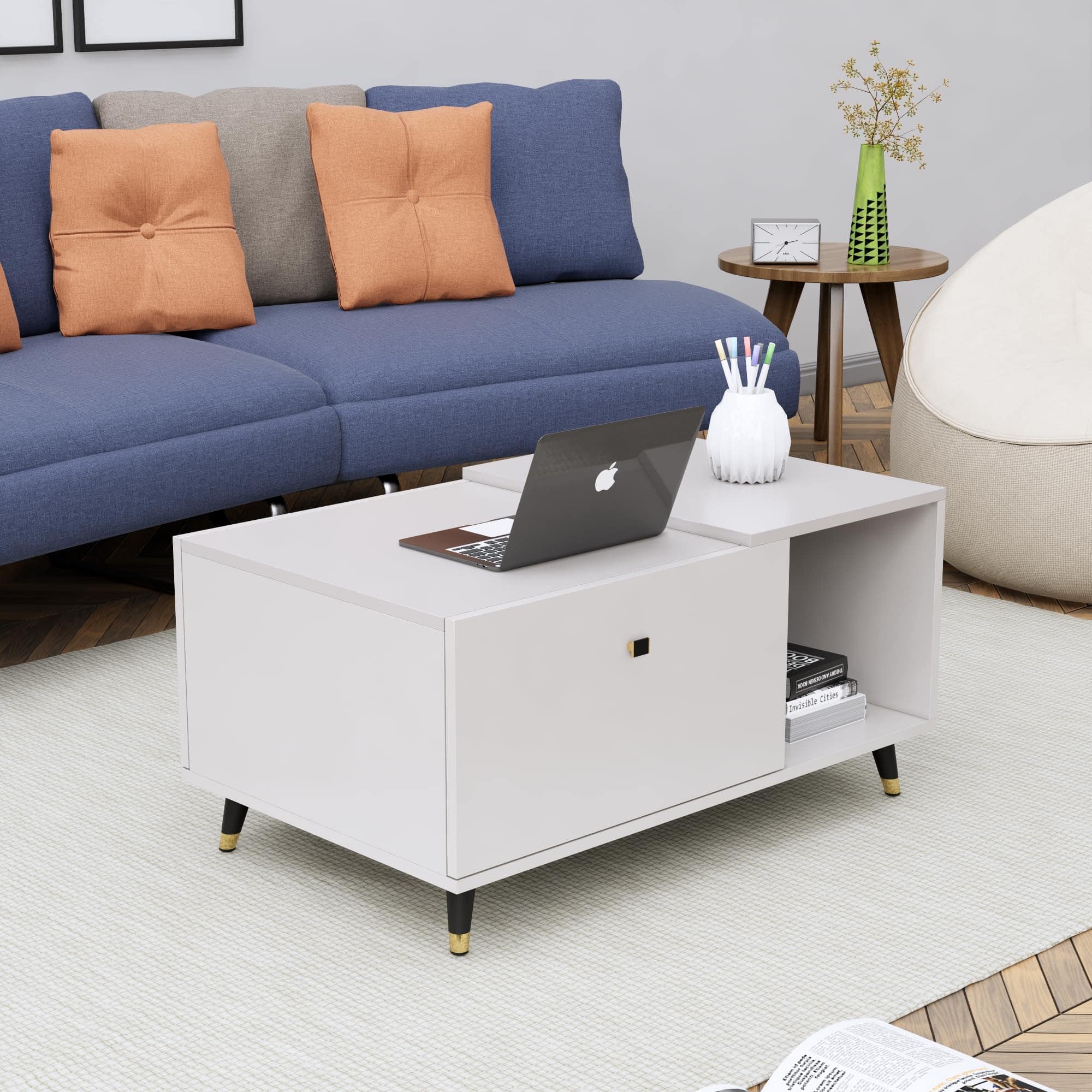Hexa Engineered Wood Center Table With Storage And Open Rack In Frosty White - HexaRed