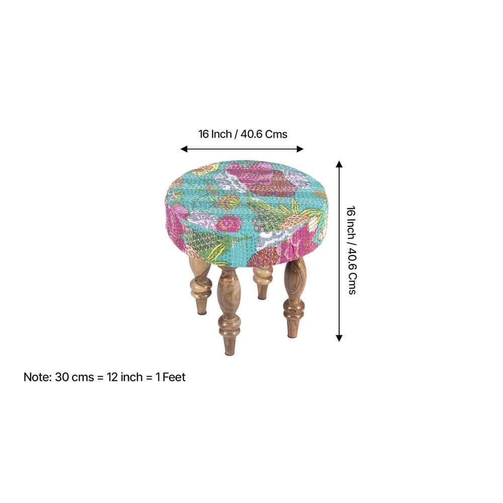 Roswell Sheesham Wood Mid Century Round Stool in Sea Green Fruit Print Kantha Upholstery