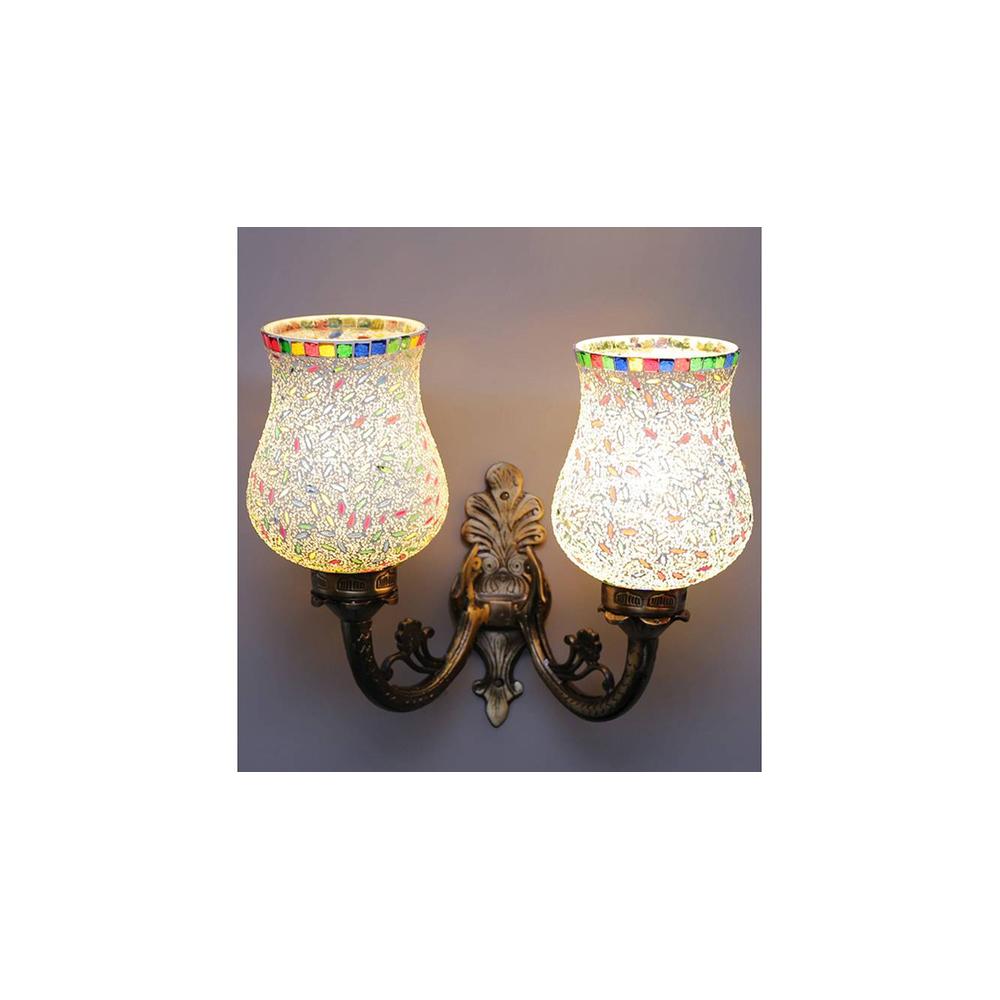 Gus Antique Metal Double Wall Mounted Lamp with Multicolor Mosaic Glass