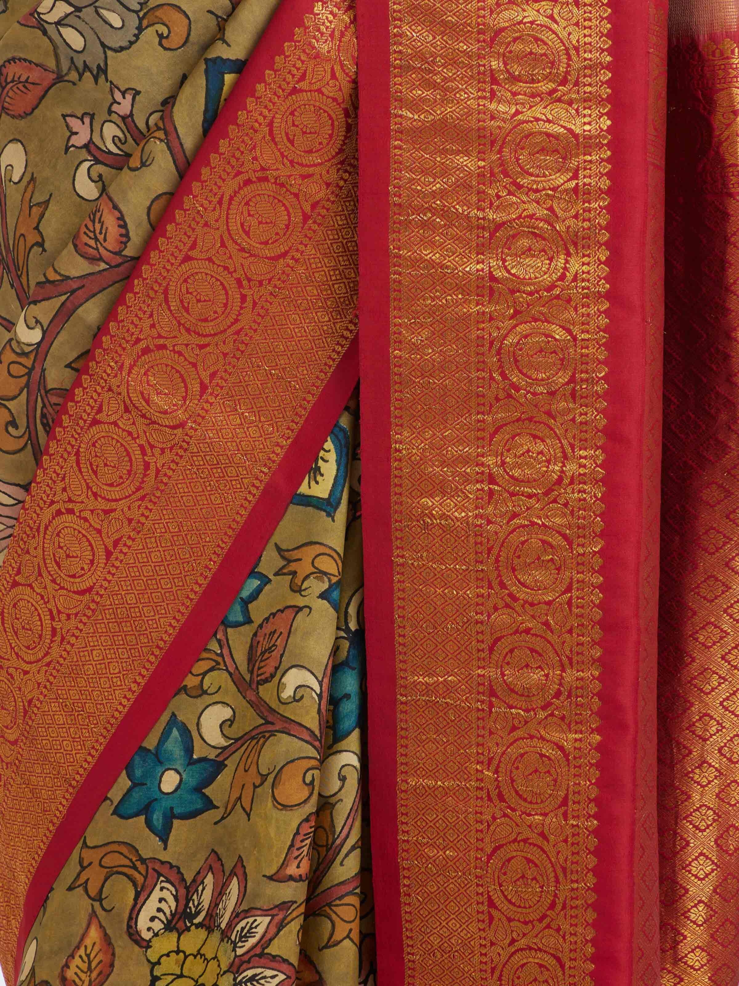 Red Kalamkari Kancheepuram Silk Saree
