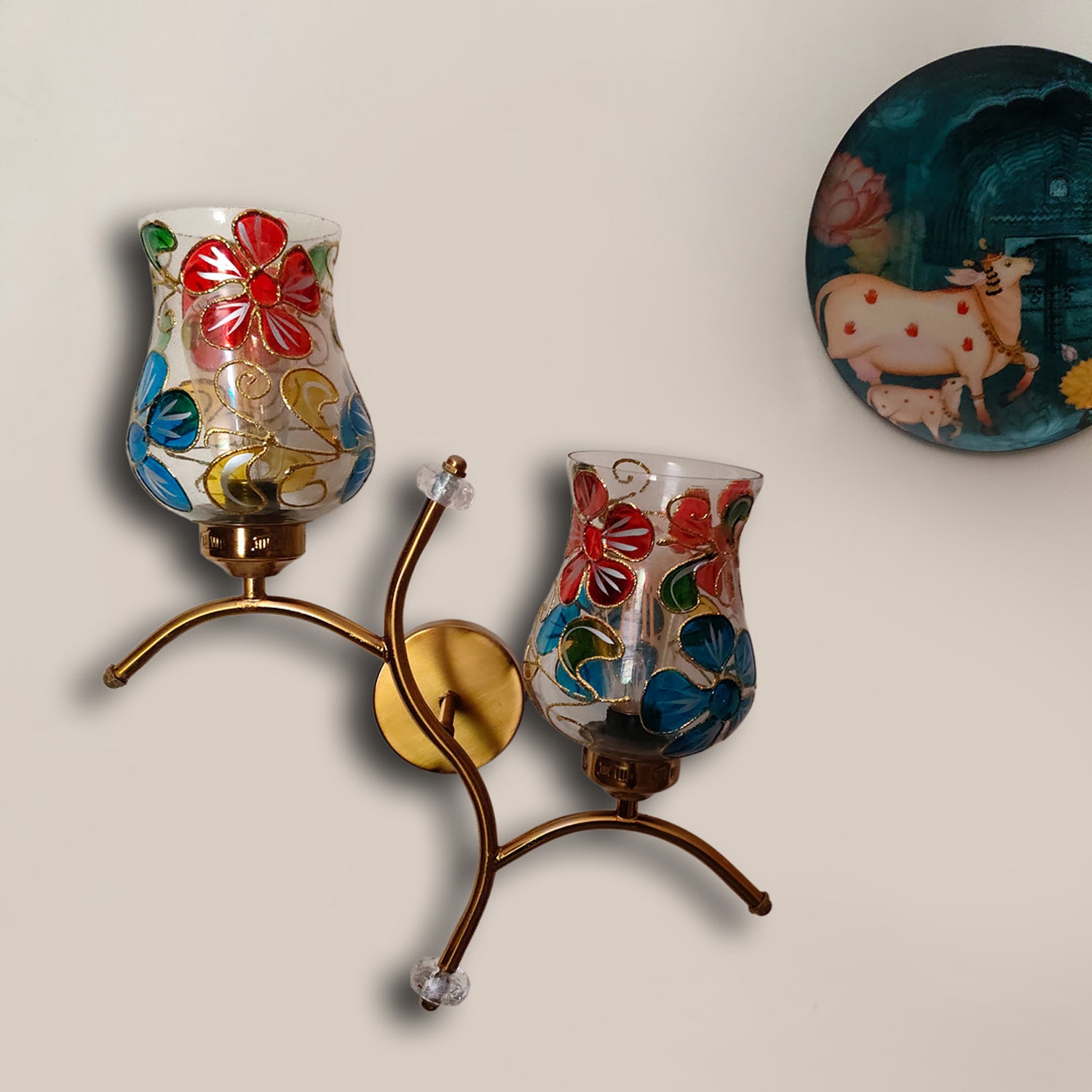 Devansh Metal Electric Wall Light in Gold Colour with Multi Shade Count of 2 Lights