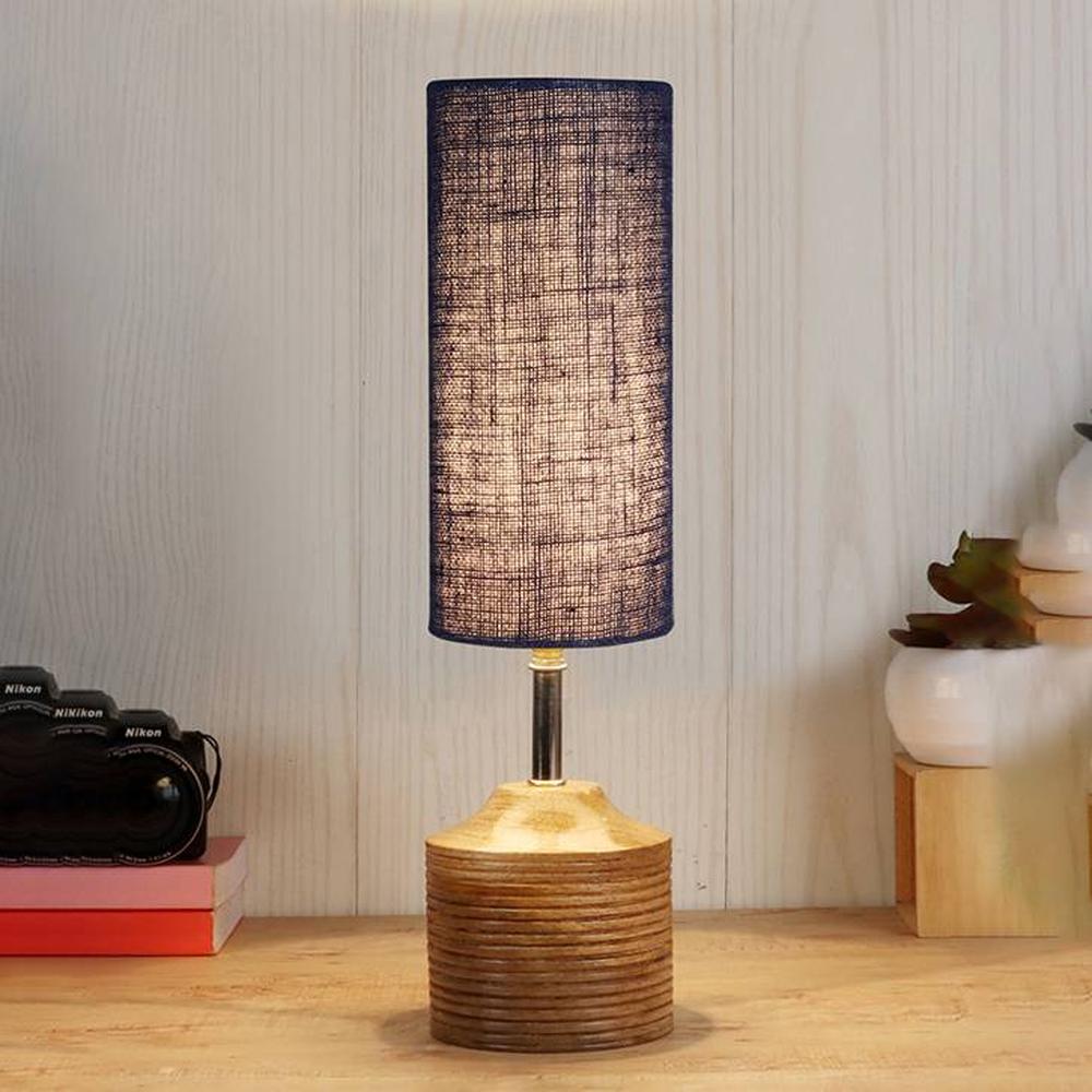 Amara Wood Table lamp with Blue Jute Shade