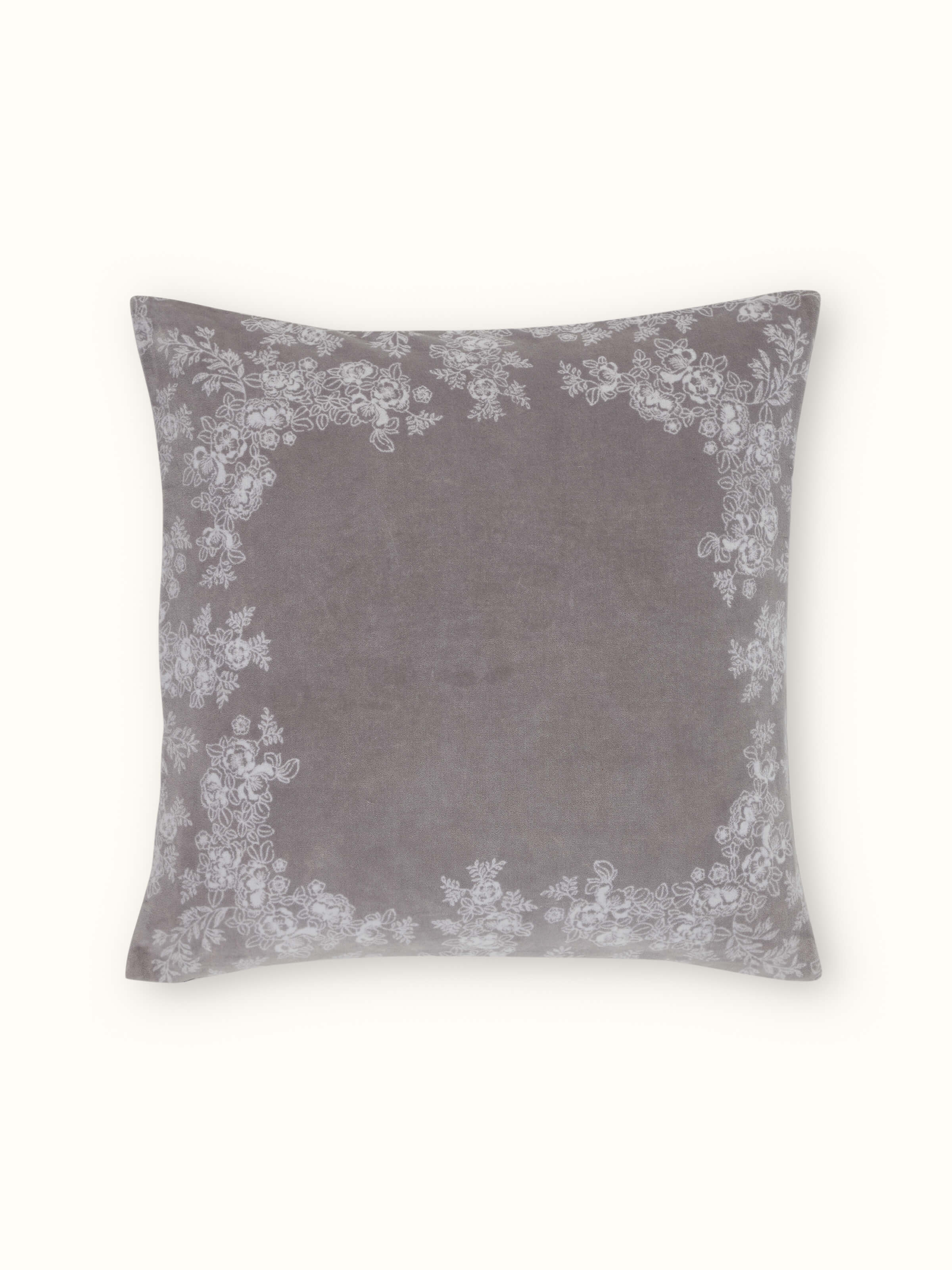 Shivranjini Grey Floral Cotton Velvet Sanganeri Hand Block Printed Cushion Cover