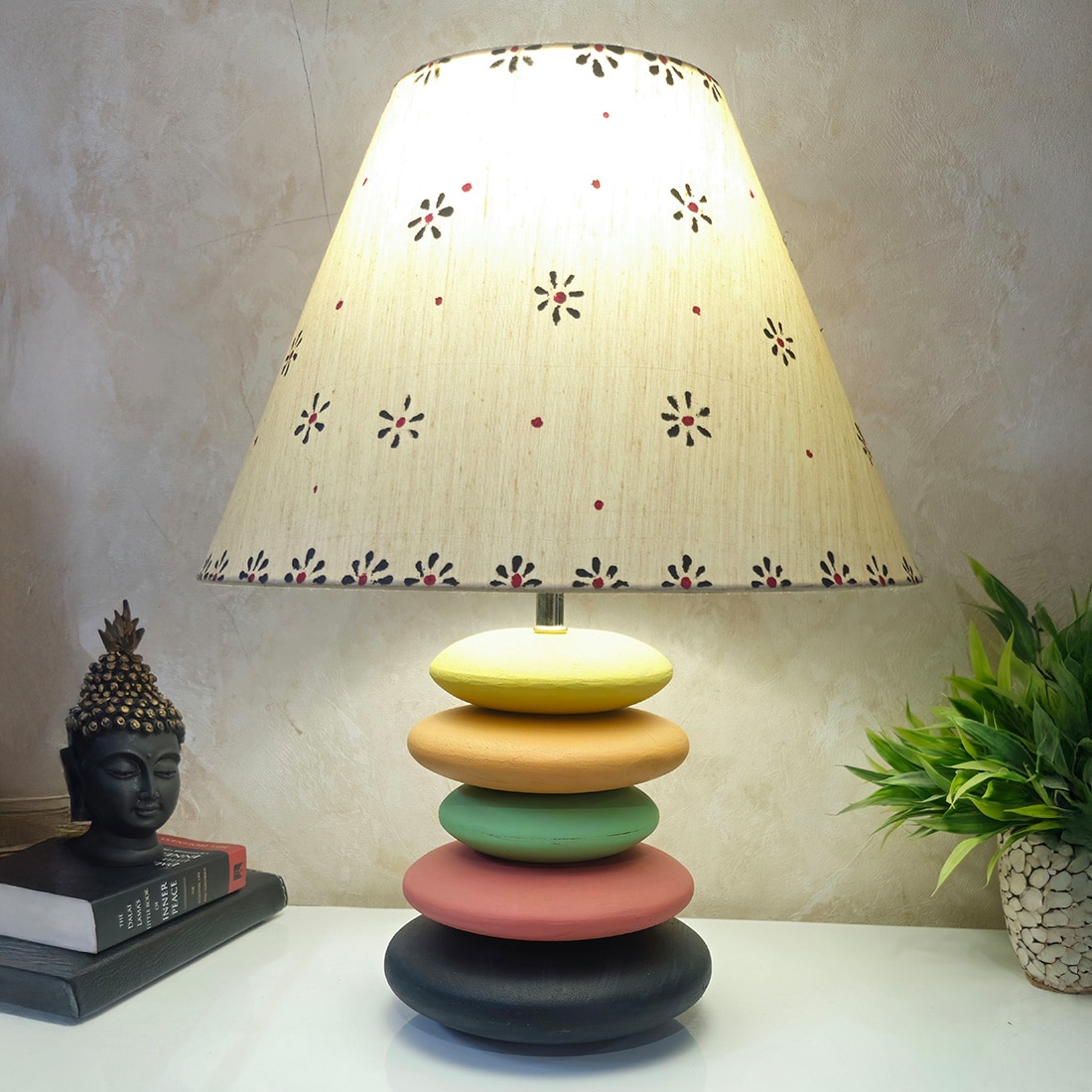 Pebble Dotted Pink Beige Wooden Table Lamp in Multicolor - Disoo Fashions