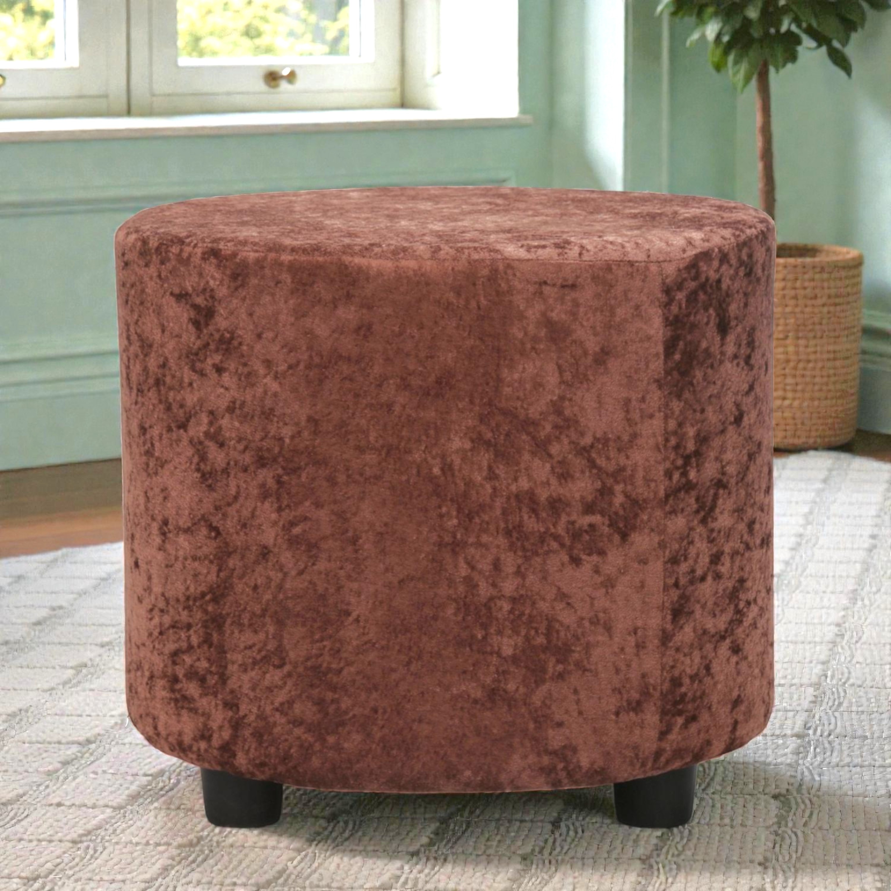 Lisbon Solid Wood Ottoman Pouffee in Brown Sparkle Velvet - Ikiriya