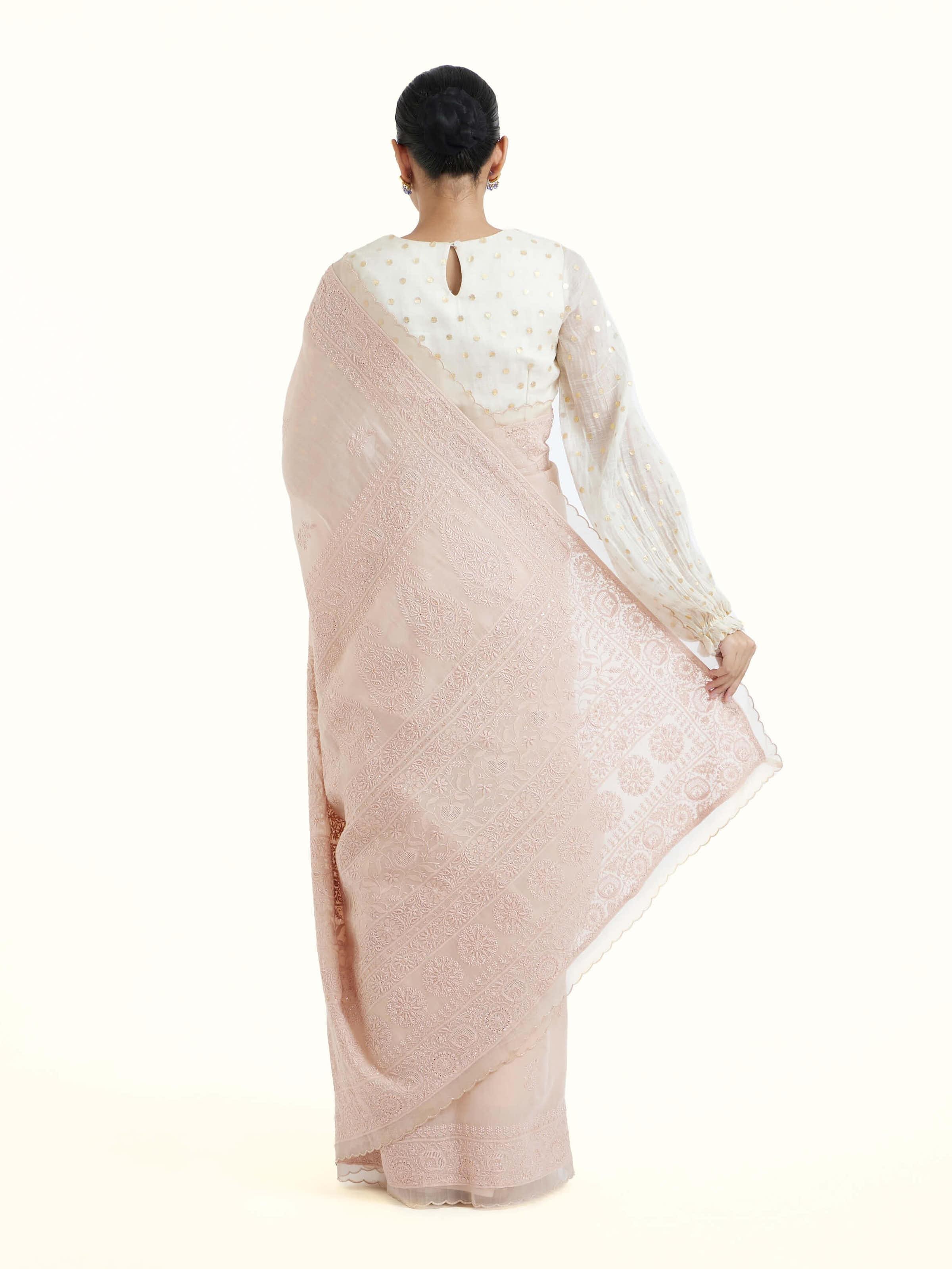 Back view of pink cotton silk chikankari saree with elegant pallu