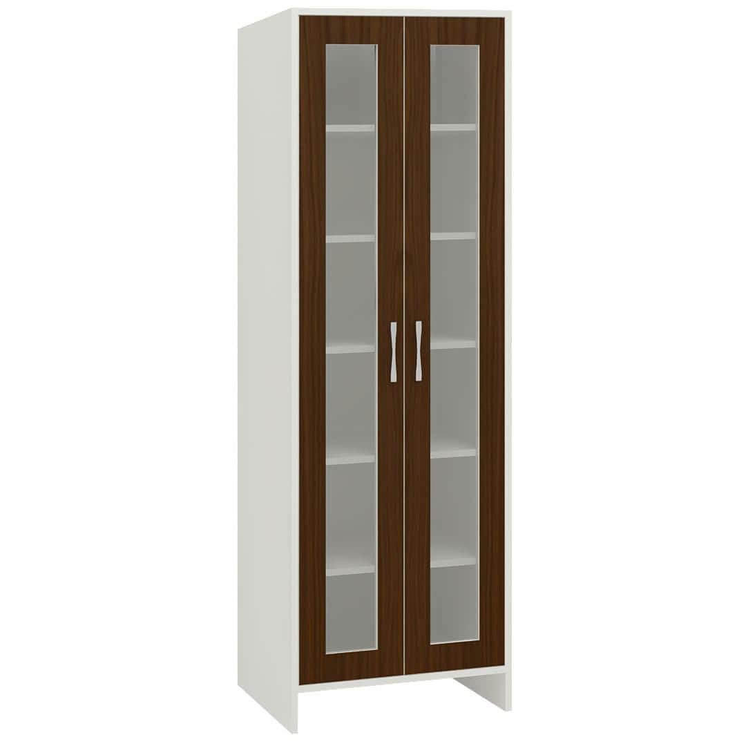 Atlanta Tall Crockery cum Bookshelf Cabinet with Toughened Glass Shutters in Coffee Walnut Colour