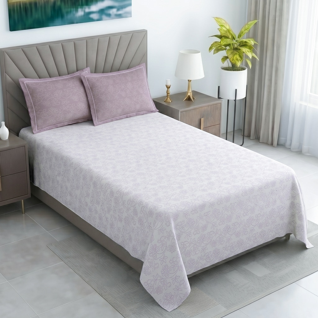 White And Lavender Shade  Floral Cotton 400 Tc Flat  Single Bed Size Bedsheet With 2 Pillow Covers - Threads