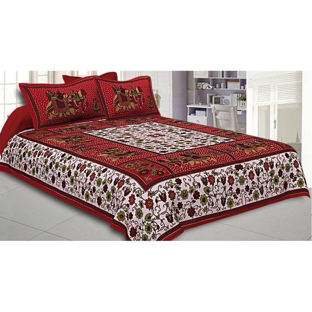 Evann Maroon Abstract 180 TC Cotton Double Size Bedsheet with 2 Pillow Covers