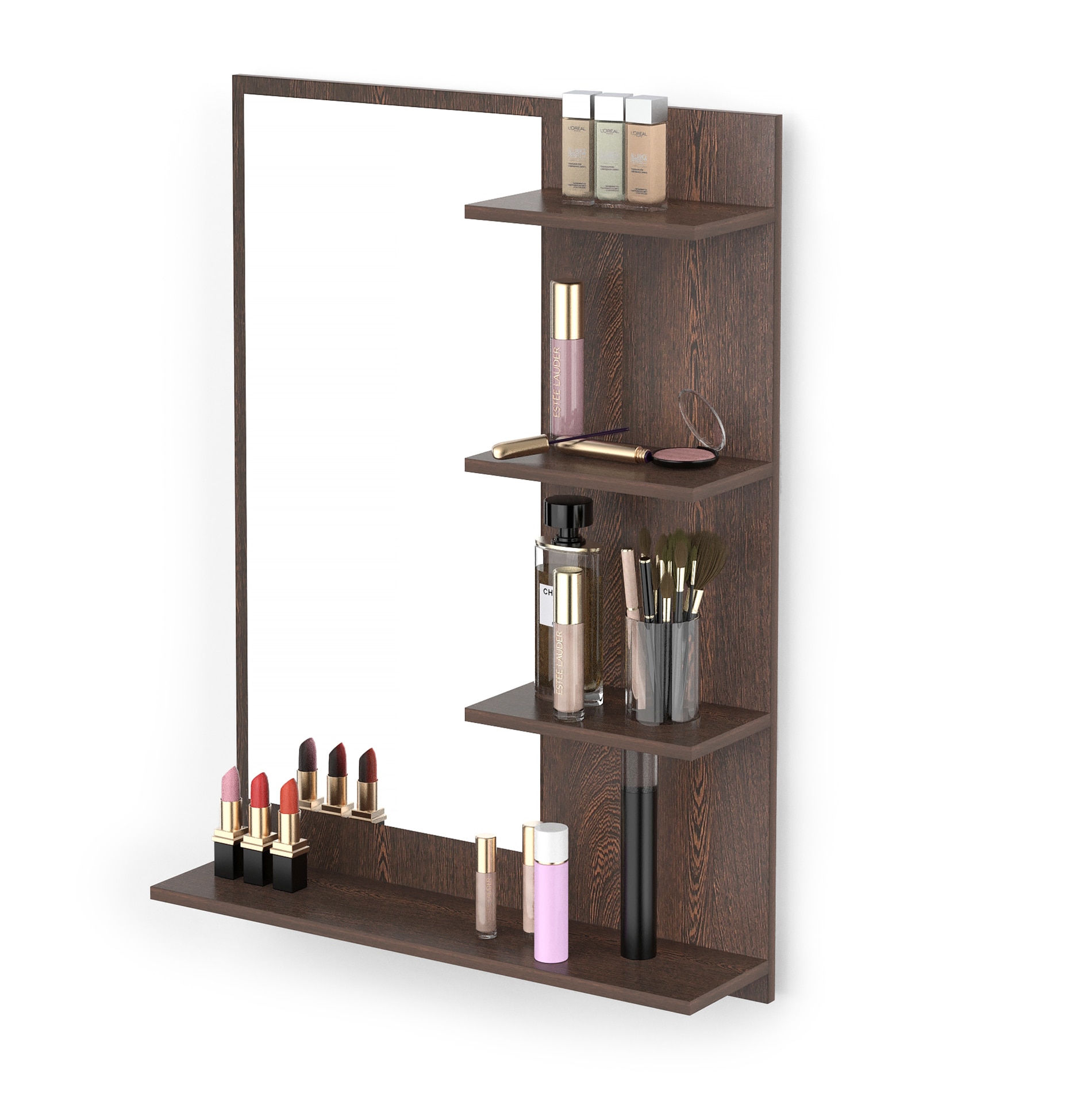 BLUEWUD Rico Mini Engineered Wood Wall Mount Dressing Table Organizer Makeup Vanity with Mirror Storage Shelves for Bedroom Home Furniture (Wenge)