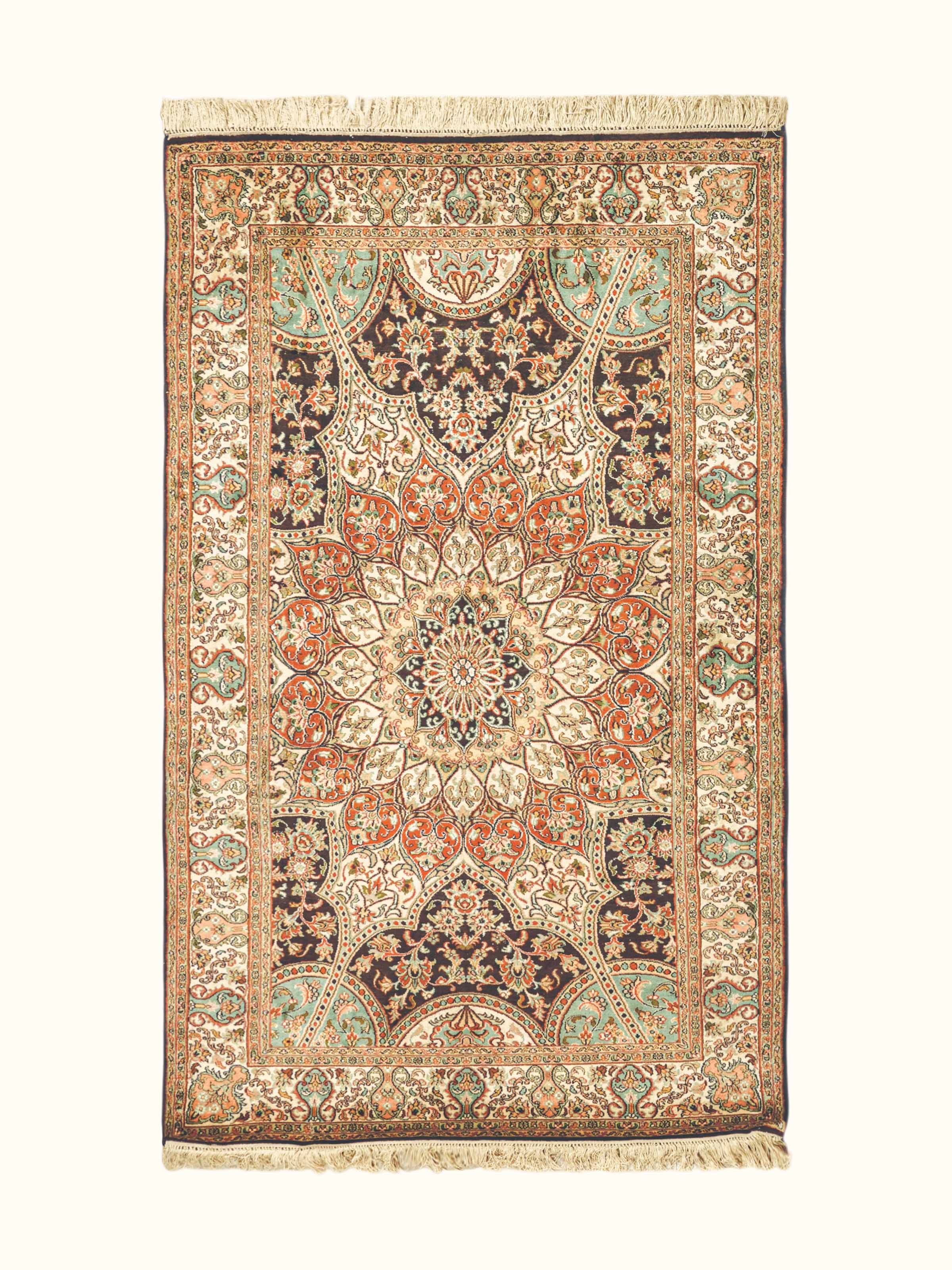 Traditional Persian Rust Sage Medallion Kashmir Silk Hand-Knotted Carpet