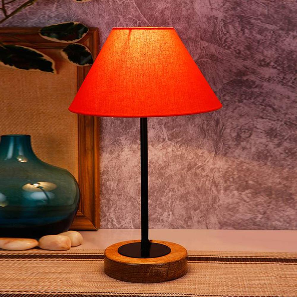 Wes Orange Fabric Shade Table Lamp with Natural Wood & Iron Base - Devansh