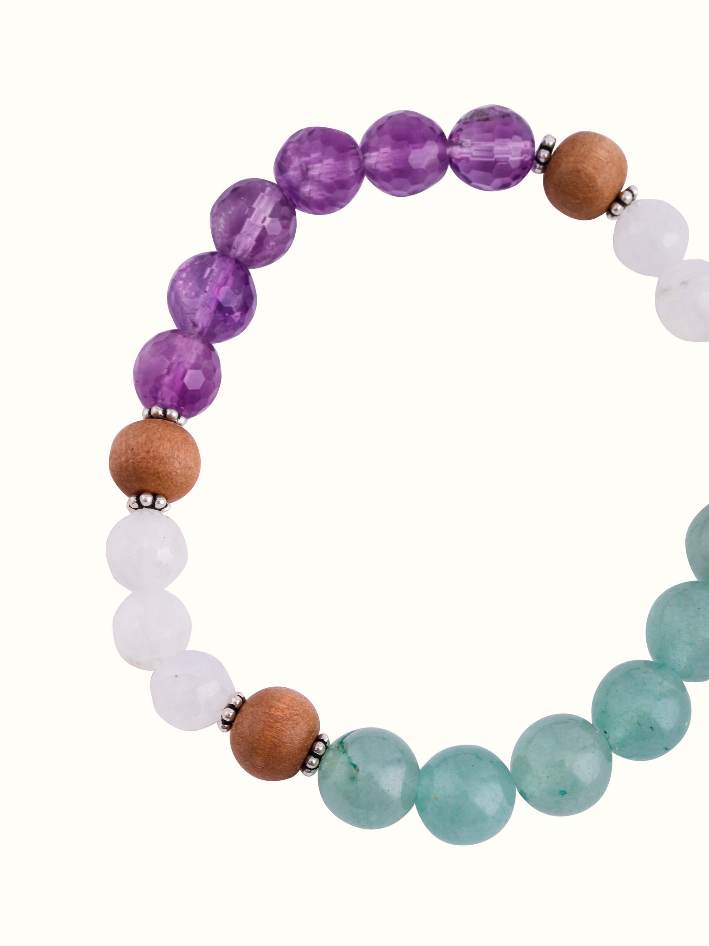 Top view of Amethyst, Green Aventurine & White Moonstone Bracelet focusing on the balanced gemstone pattern and silver settings