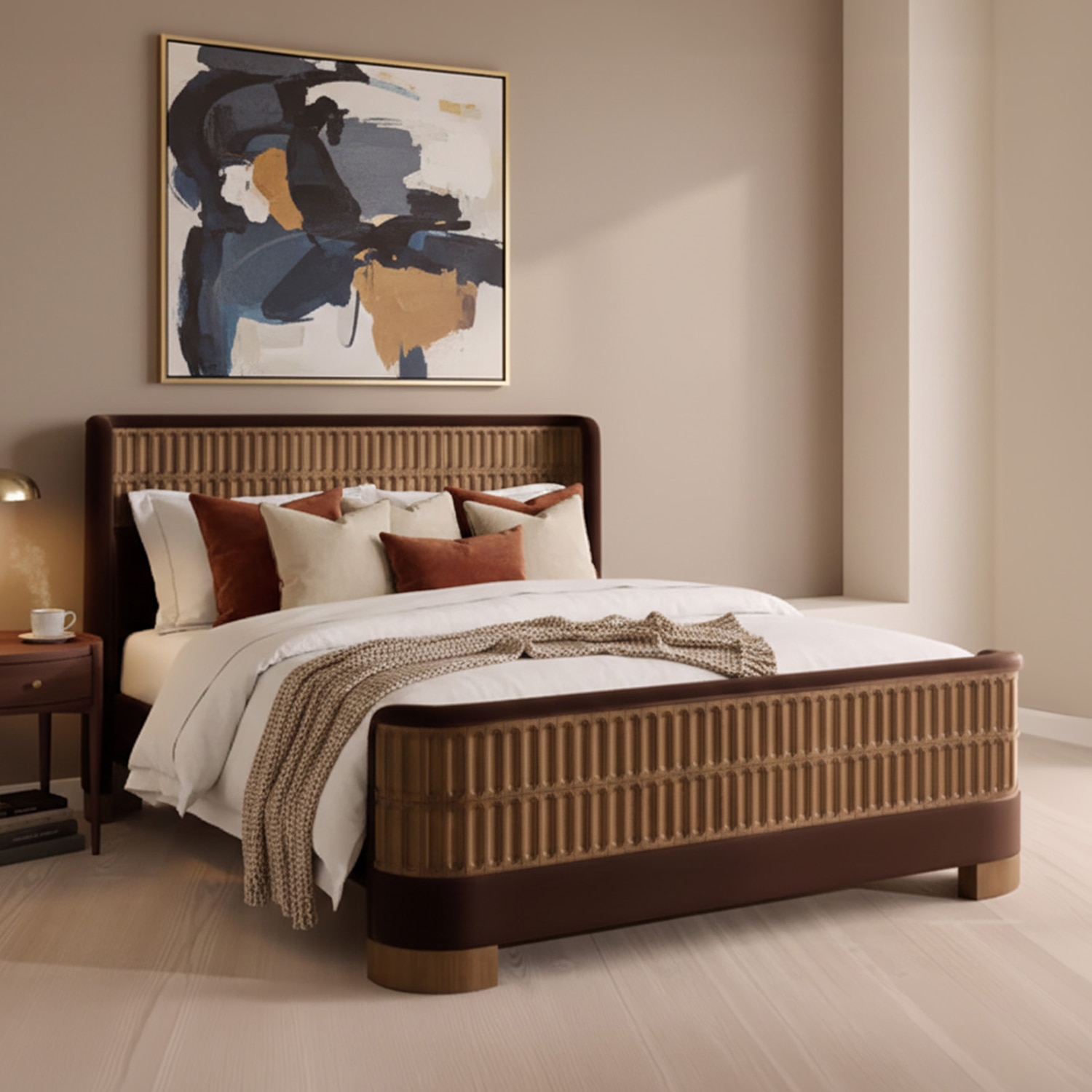 Heritage Cane Upholstered King Size Bed in Linen With Oak wood Frame - Nestroots