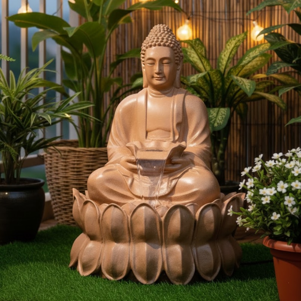 Beige Double Lotus Buddha Water Fountain