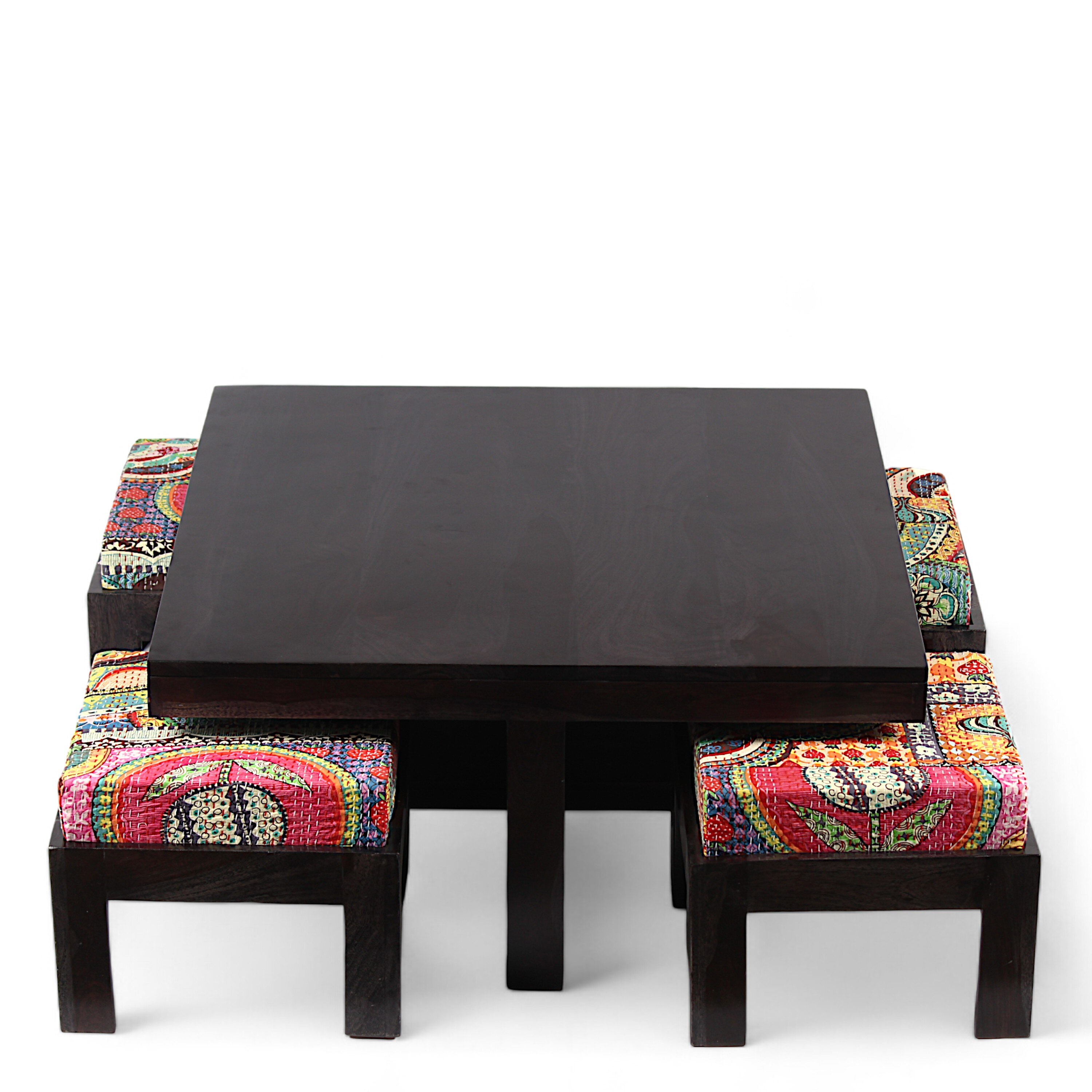 Blane Sheesham Wood Coffee Table With 4 Stools Set In Mahogany Finish & Multi Colour Israel Print Kantha Fabric Cushions