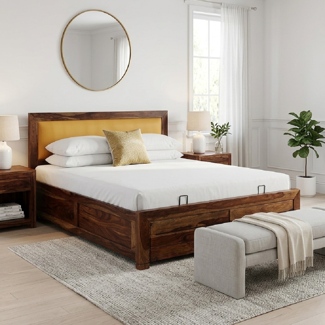 Elvara Box Storage Solid Wood Bed King Size in Provincial Teak Finish - Demiwall